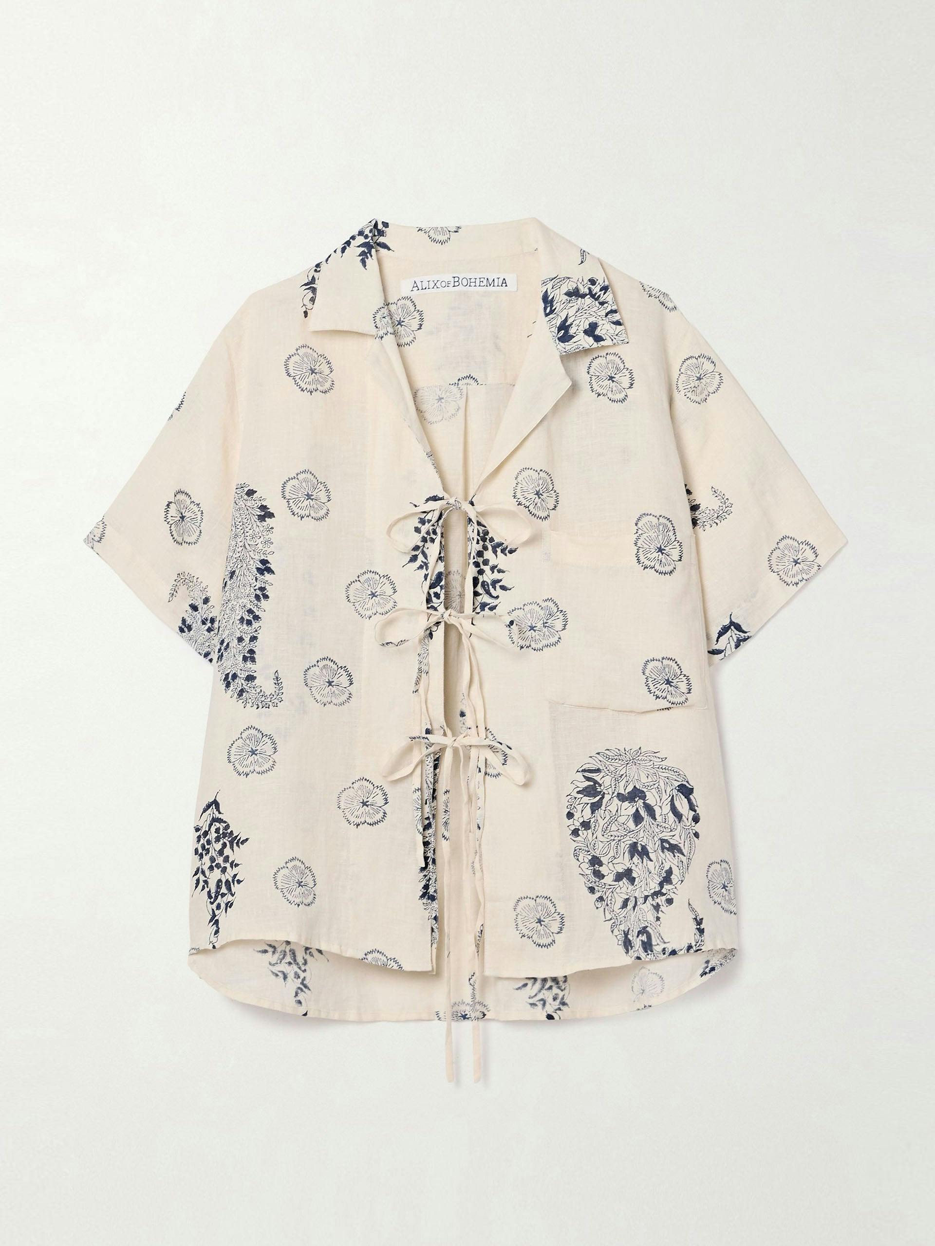 Styla tie-detailed floral-print linen-voile shirt