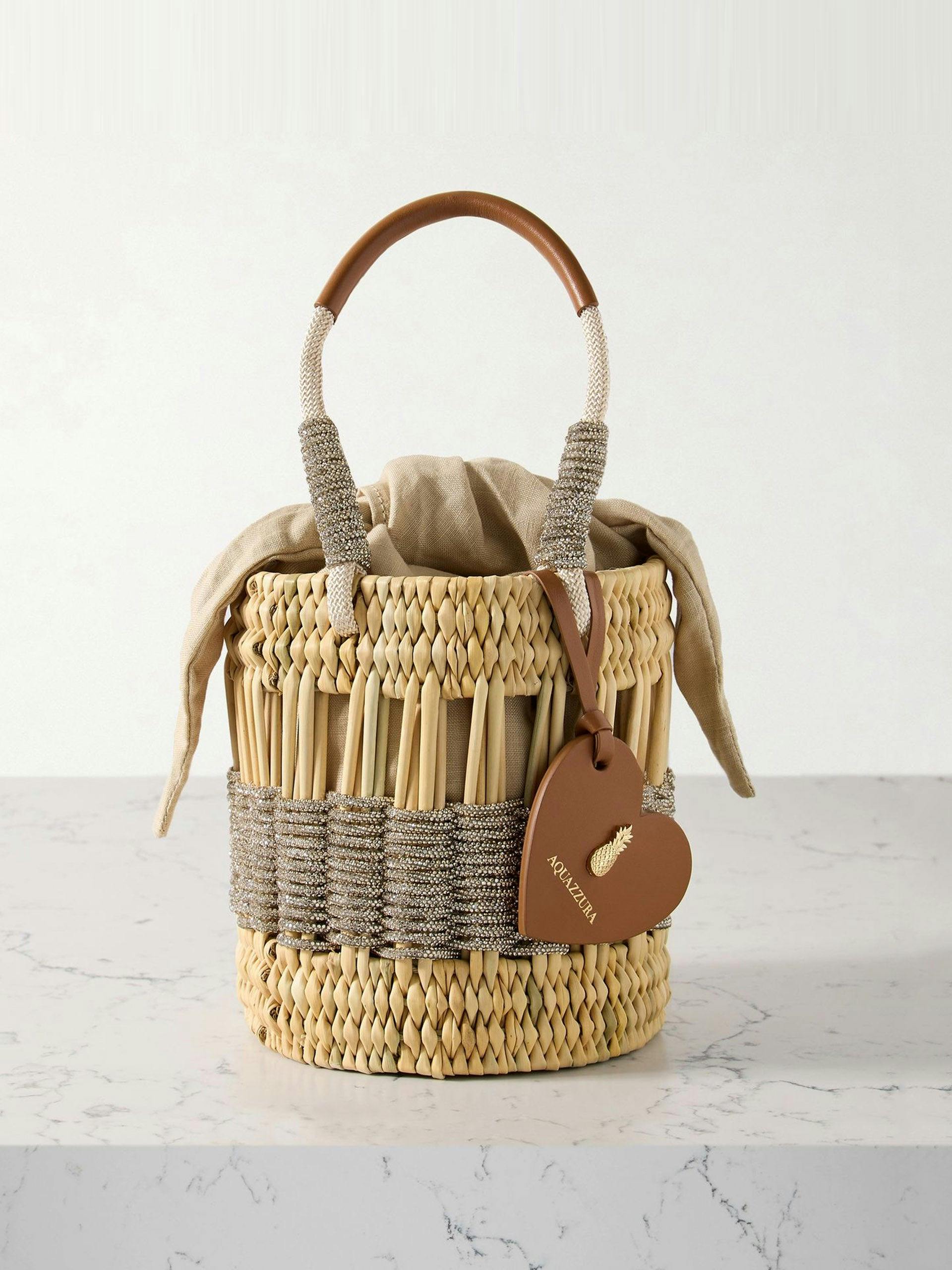 Sunkissed crystal-embellished leather-trimmed raffia and canvas tote