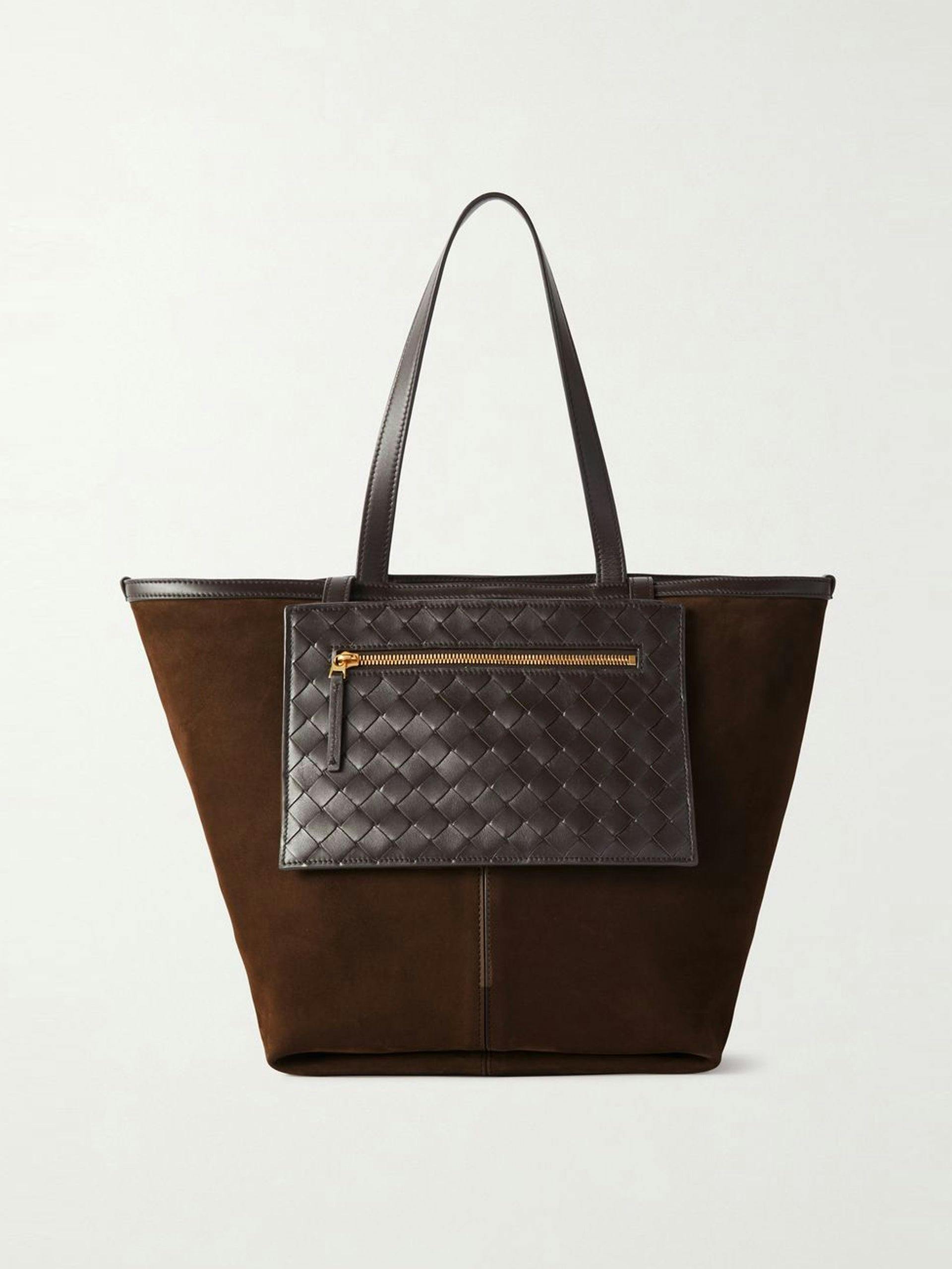 Brown suede and intrecciato leather shoulder bag