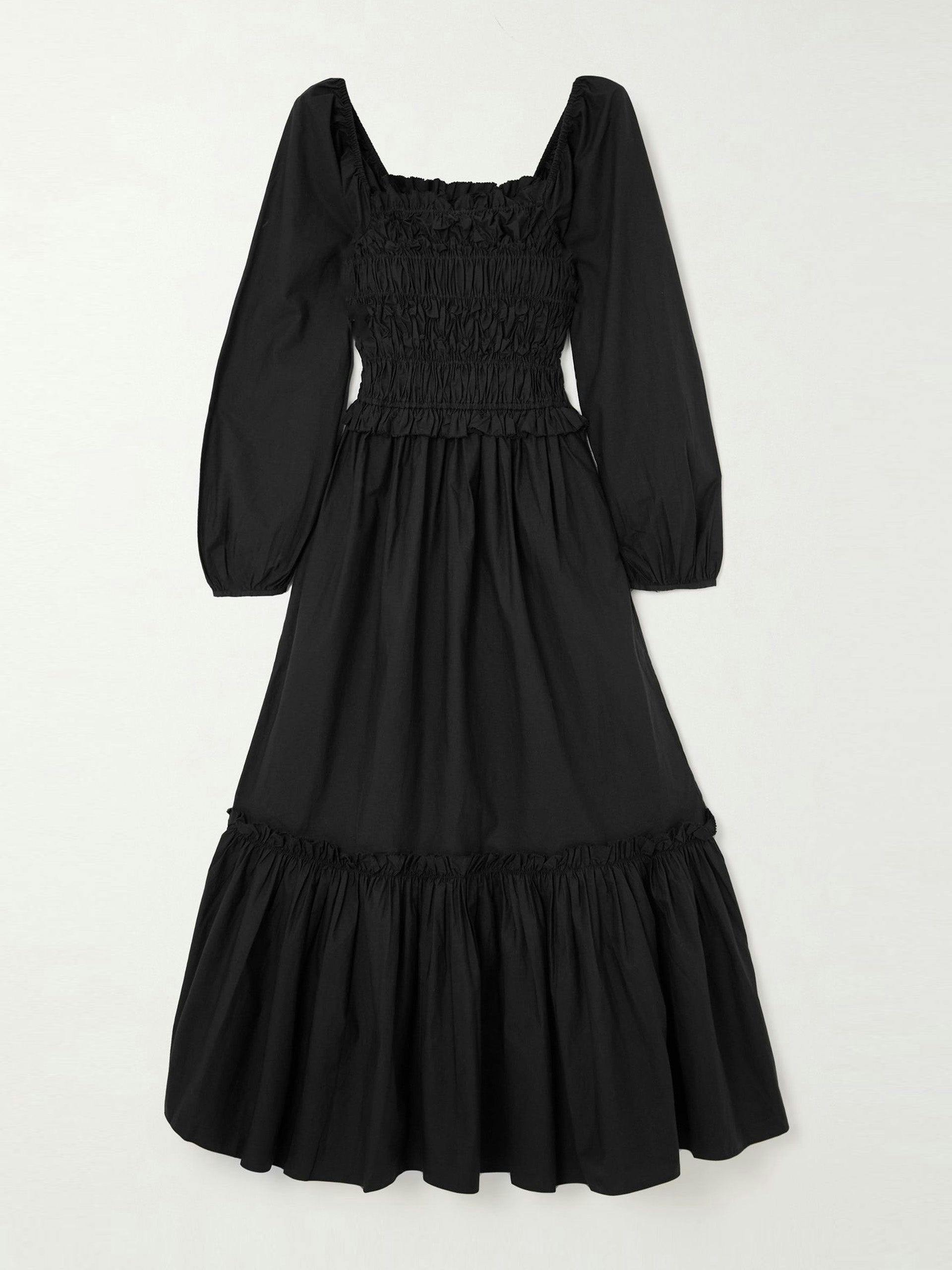Black smocked cotton-poplin midi dress