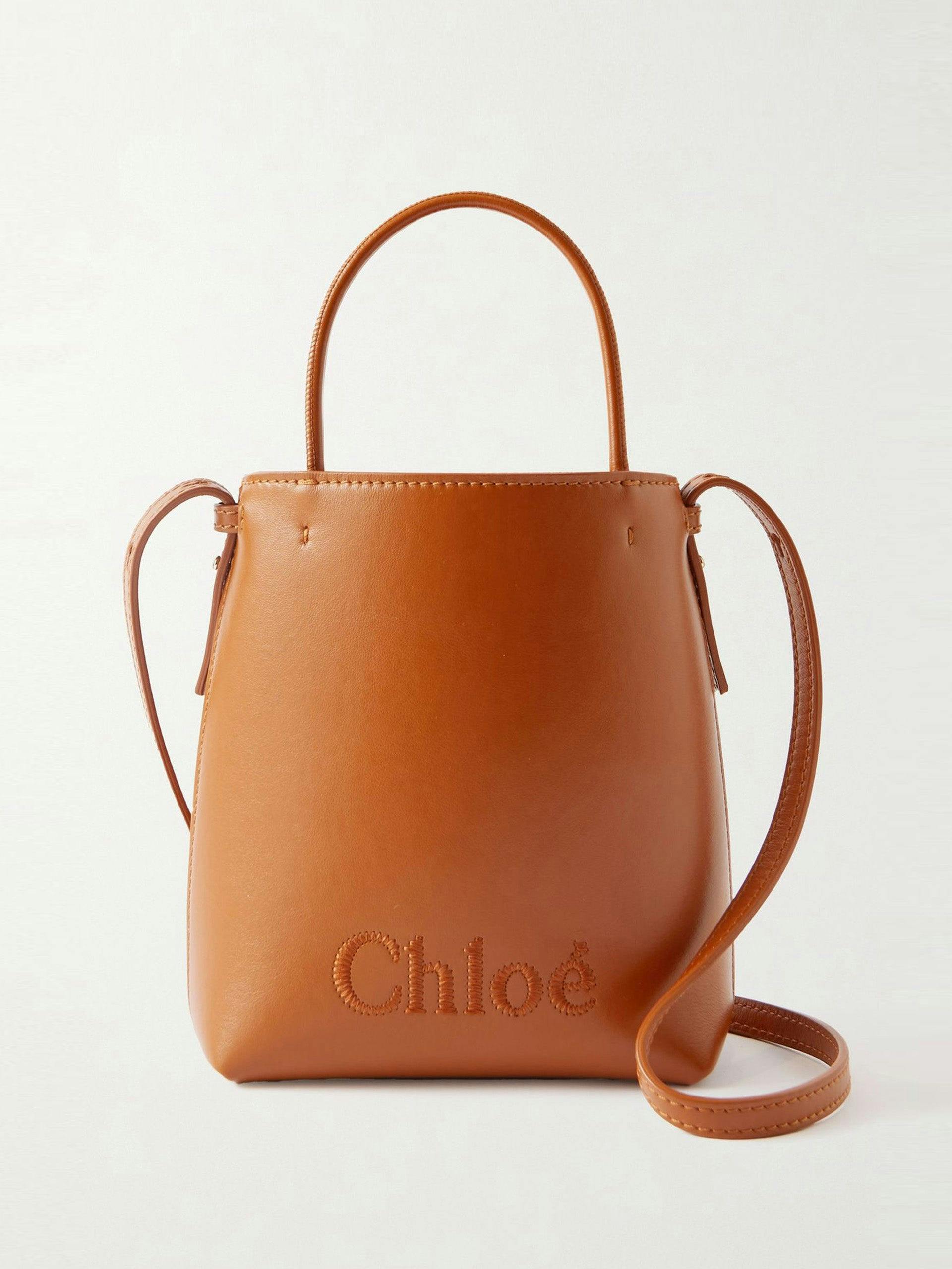 Brown mini embroidered leather tote