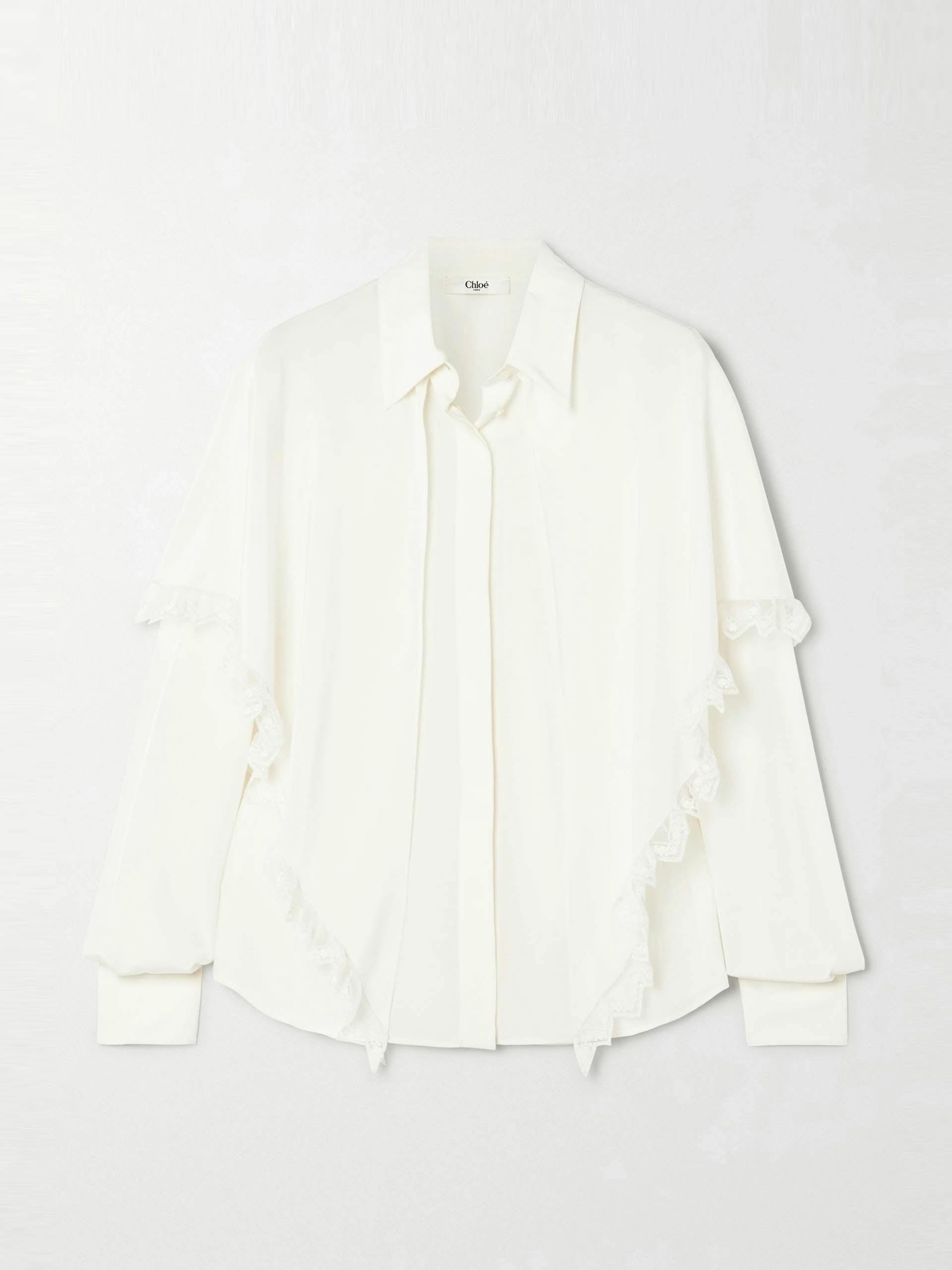 Lace-trimmed draped layered silk-crepe de chine shirt