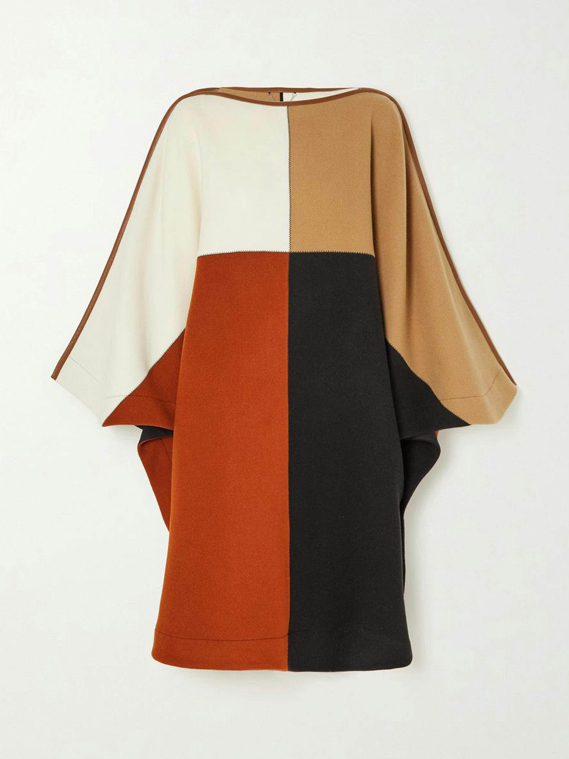 Leather-trimmed wool-blend poncho