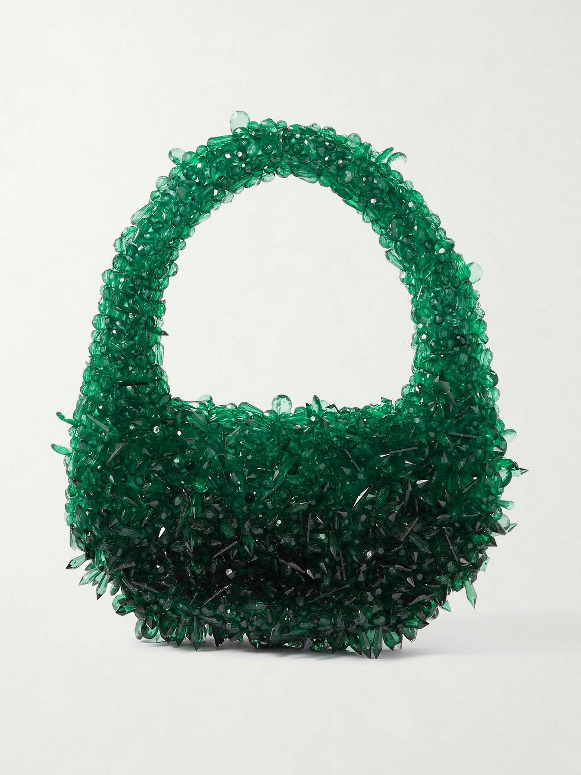 Green Quartz bead-embellished satin shoulder bag