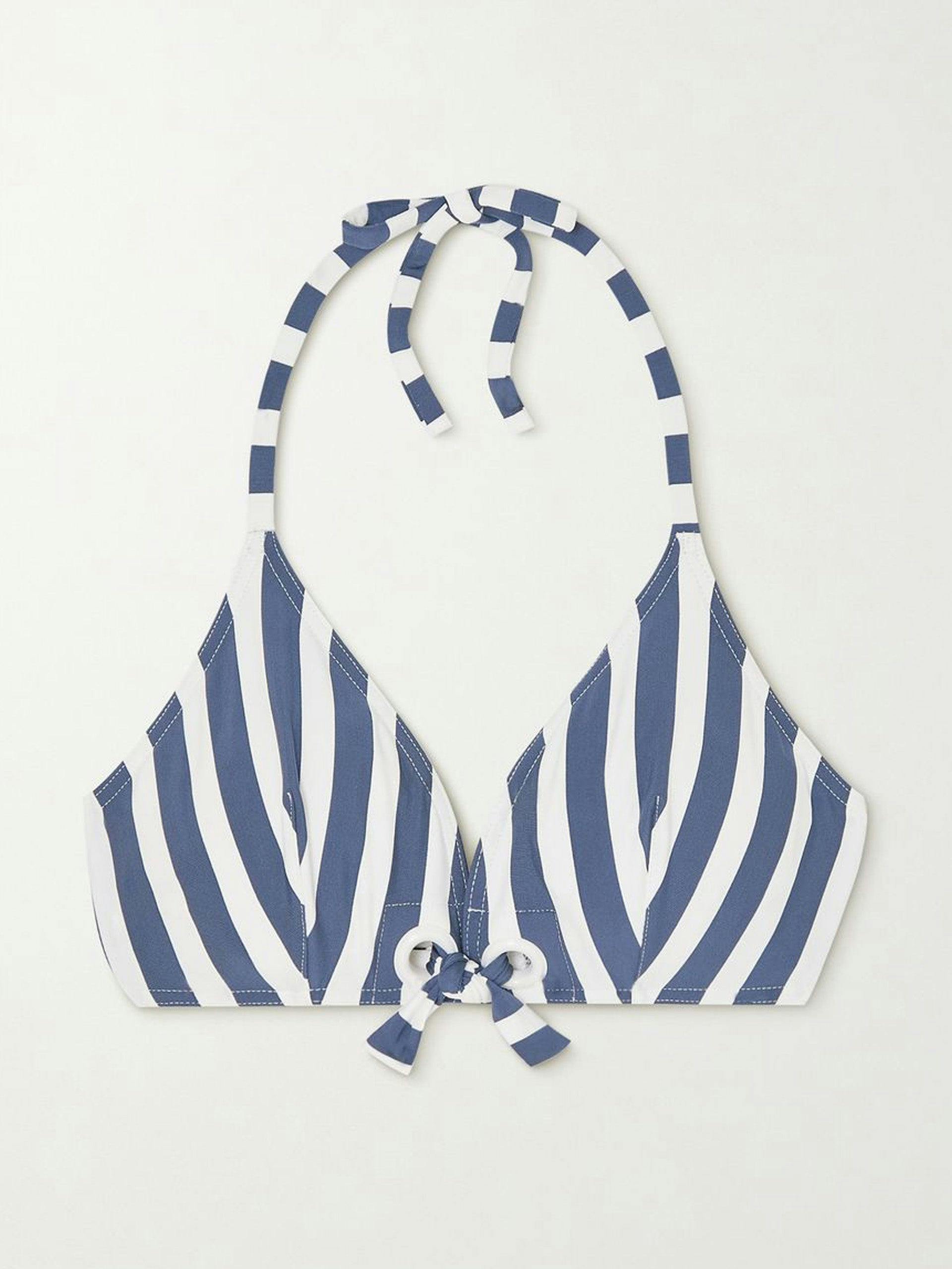Eyelet-embellished striped triangle bikini top