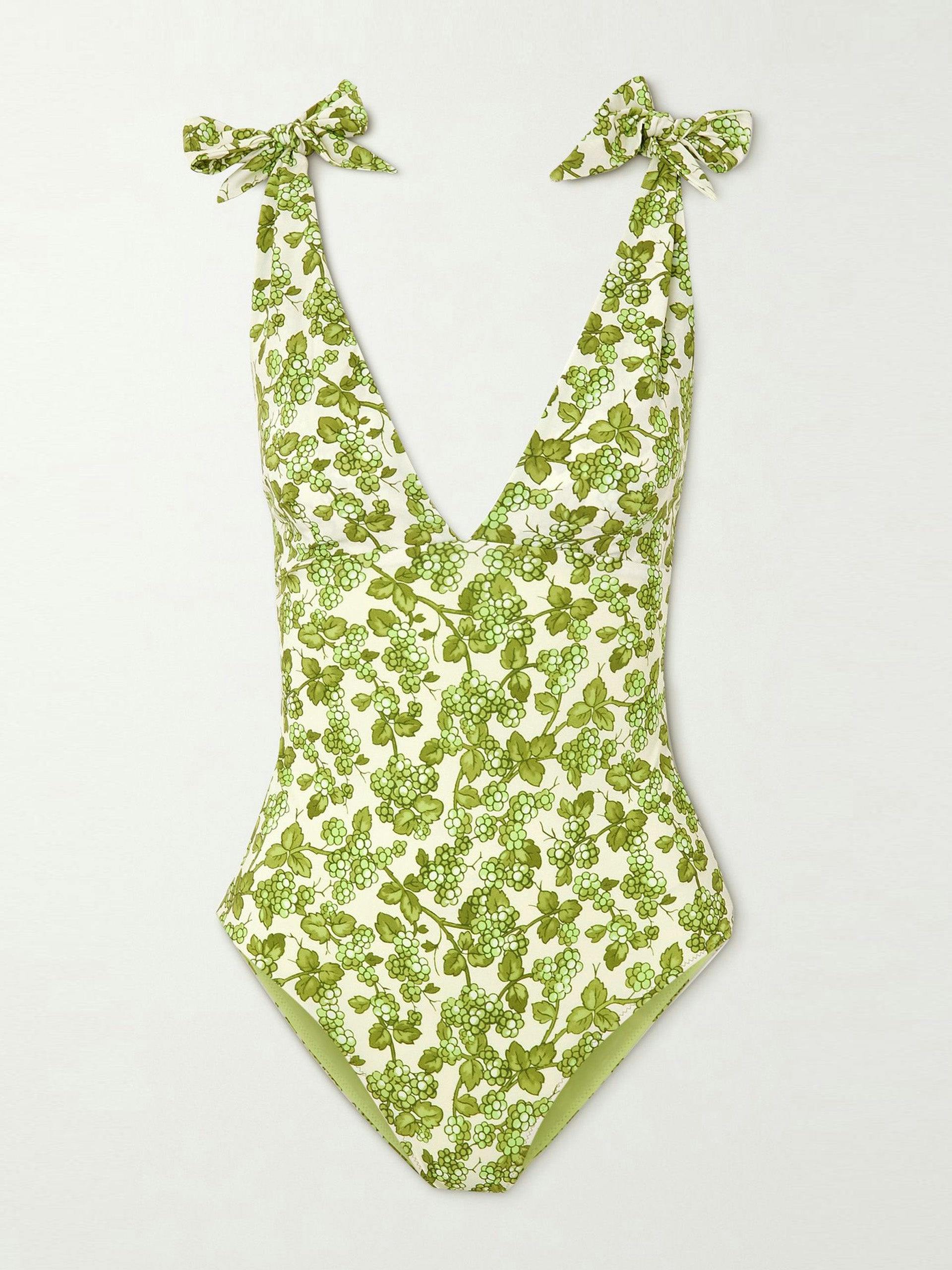 Green printed halterneck swimsuit