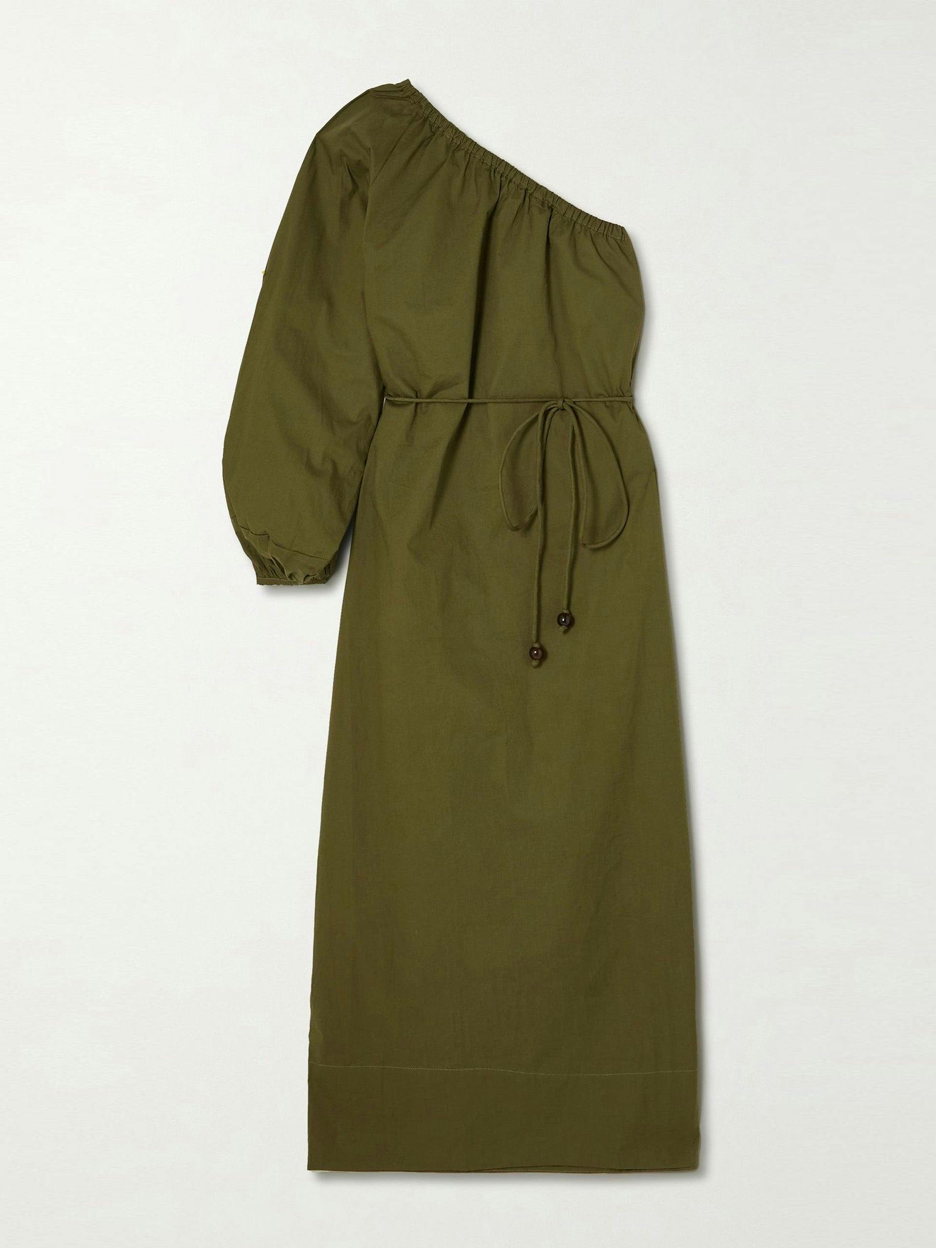 Khaki one-sleeve organic cotton-poplin maxi dress