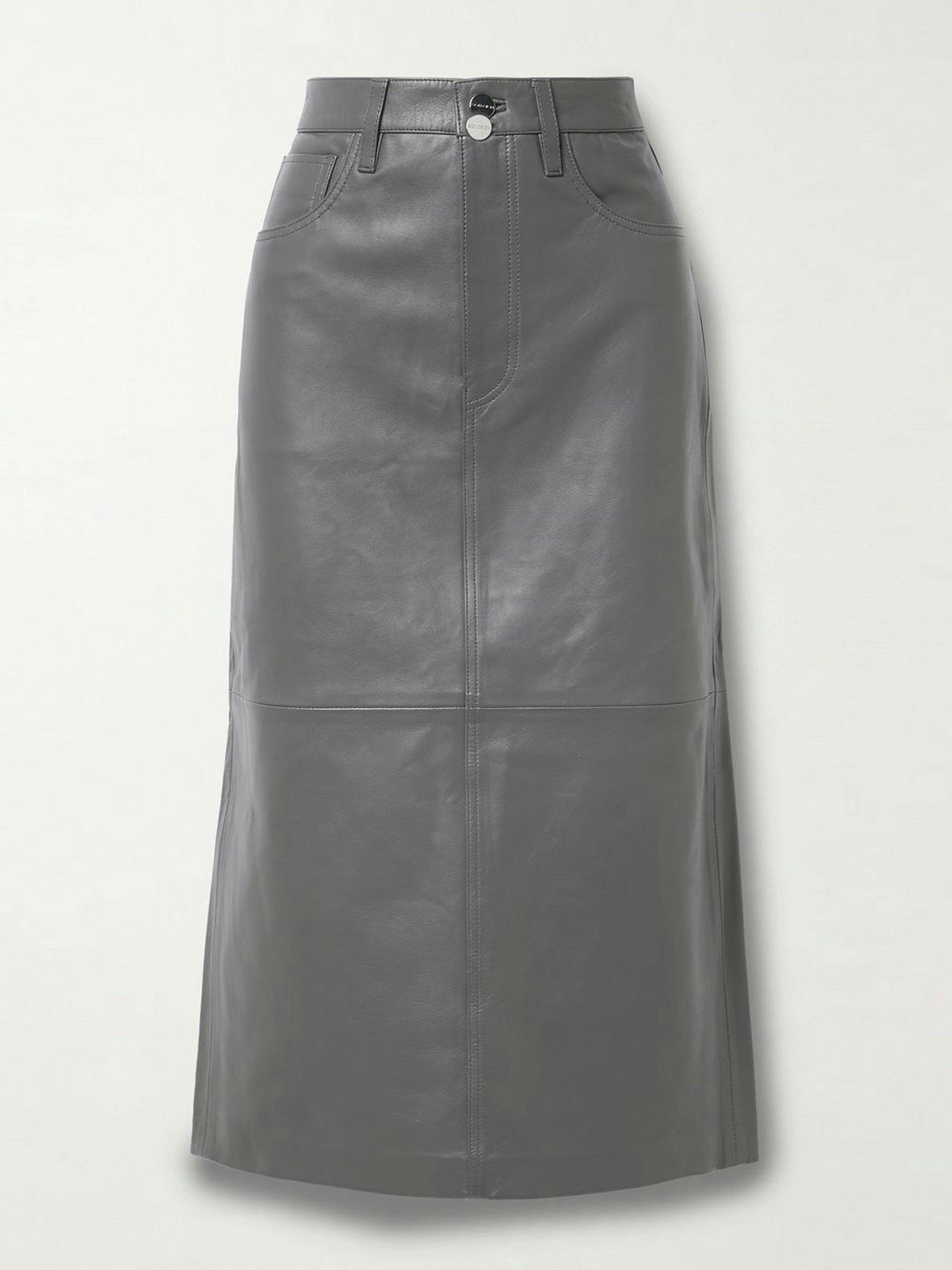 Grey leather midi skirt