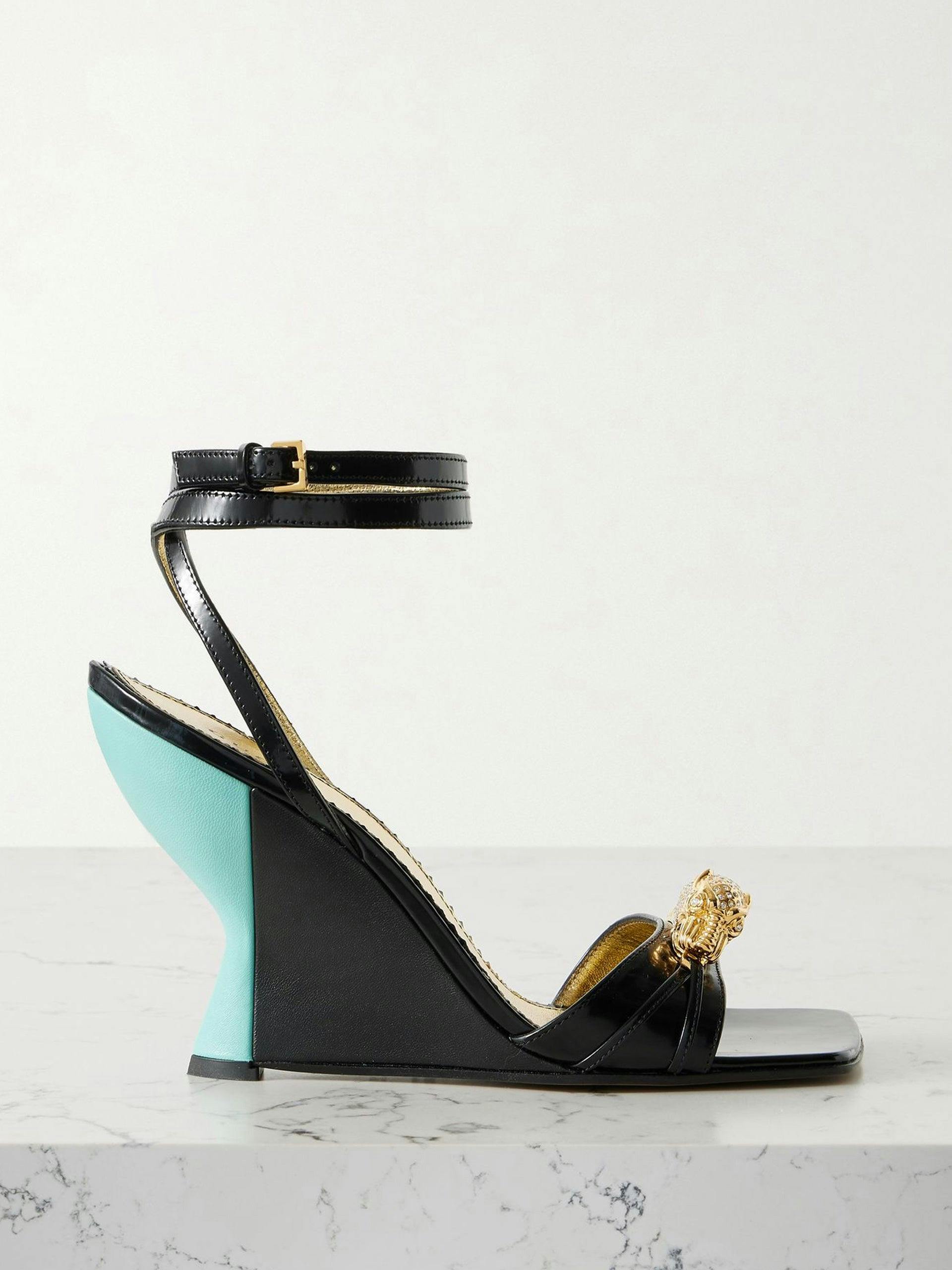 Black embellished smooth and patent-leather wedge sandals