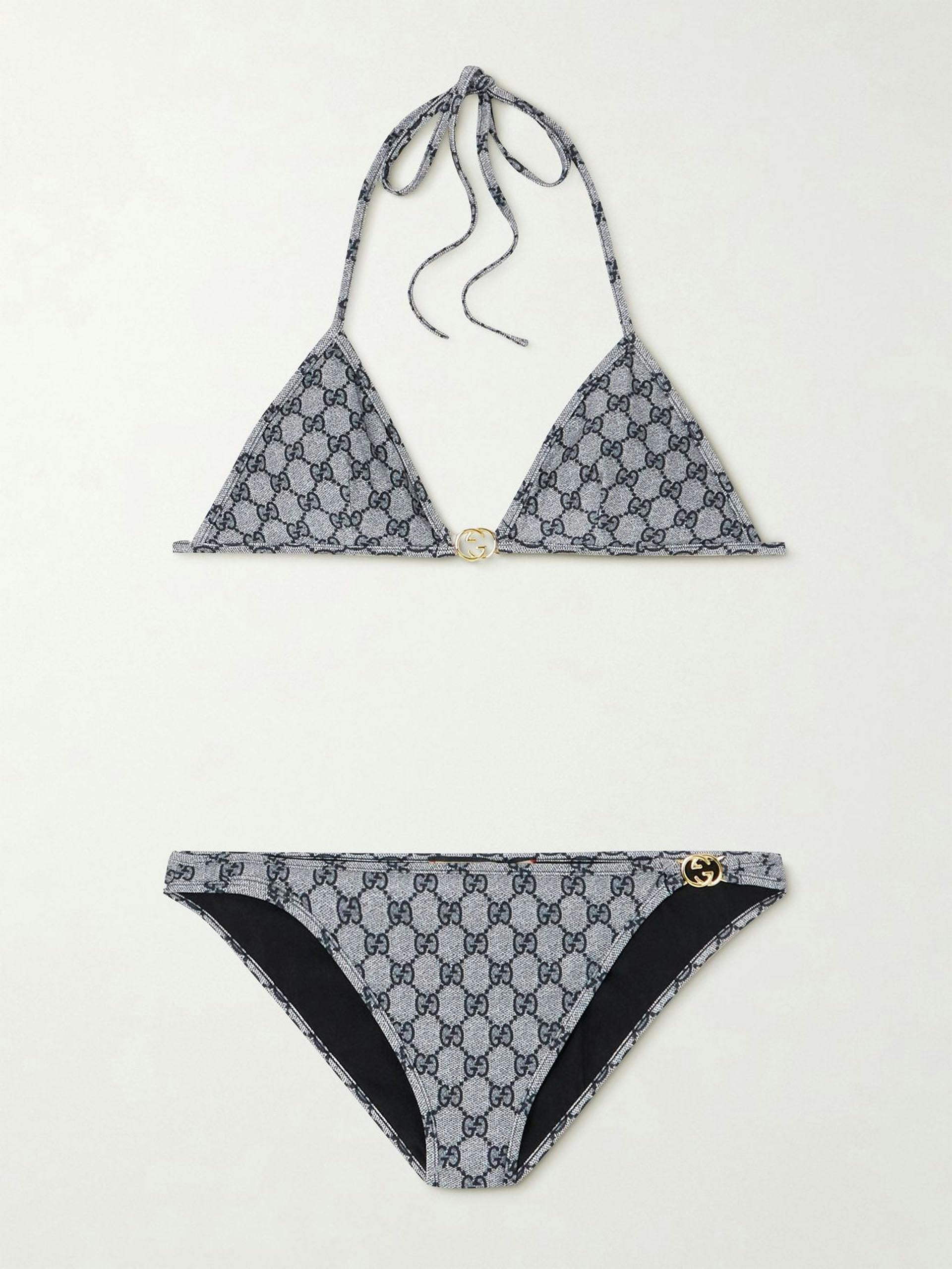 Embellished printed triangle bikini