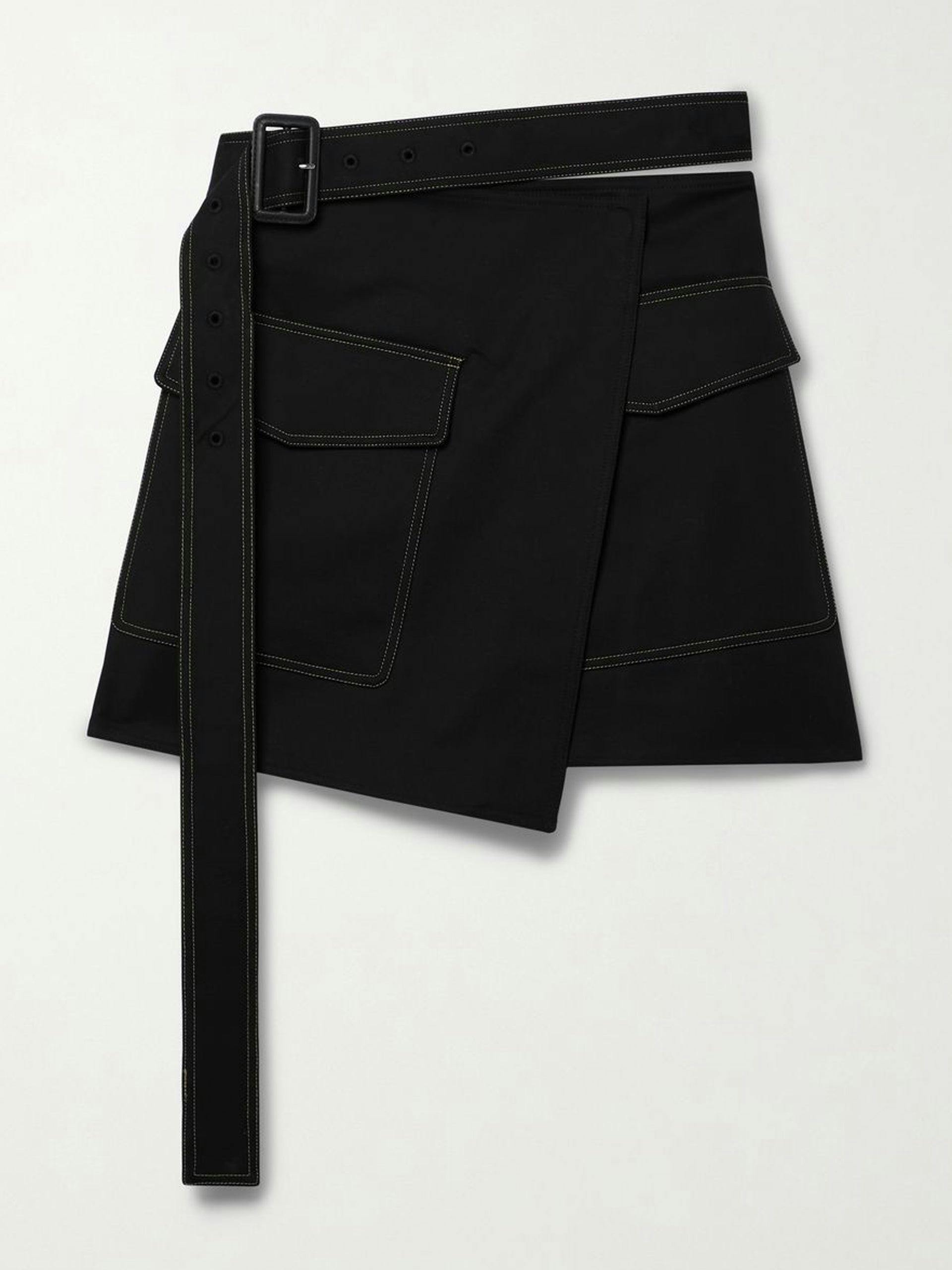 Belted wrap-effect cotton-blend mini skirt