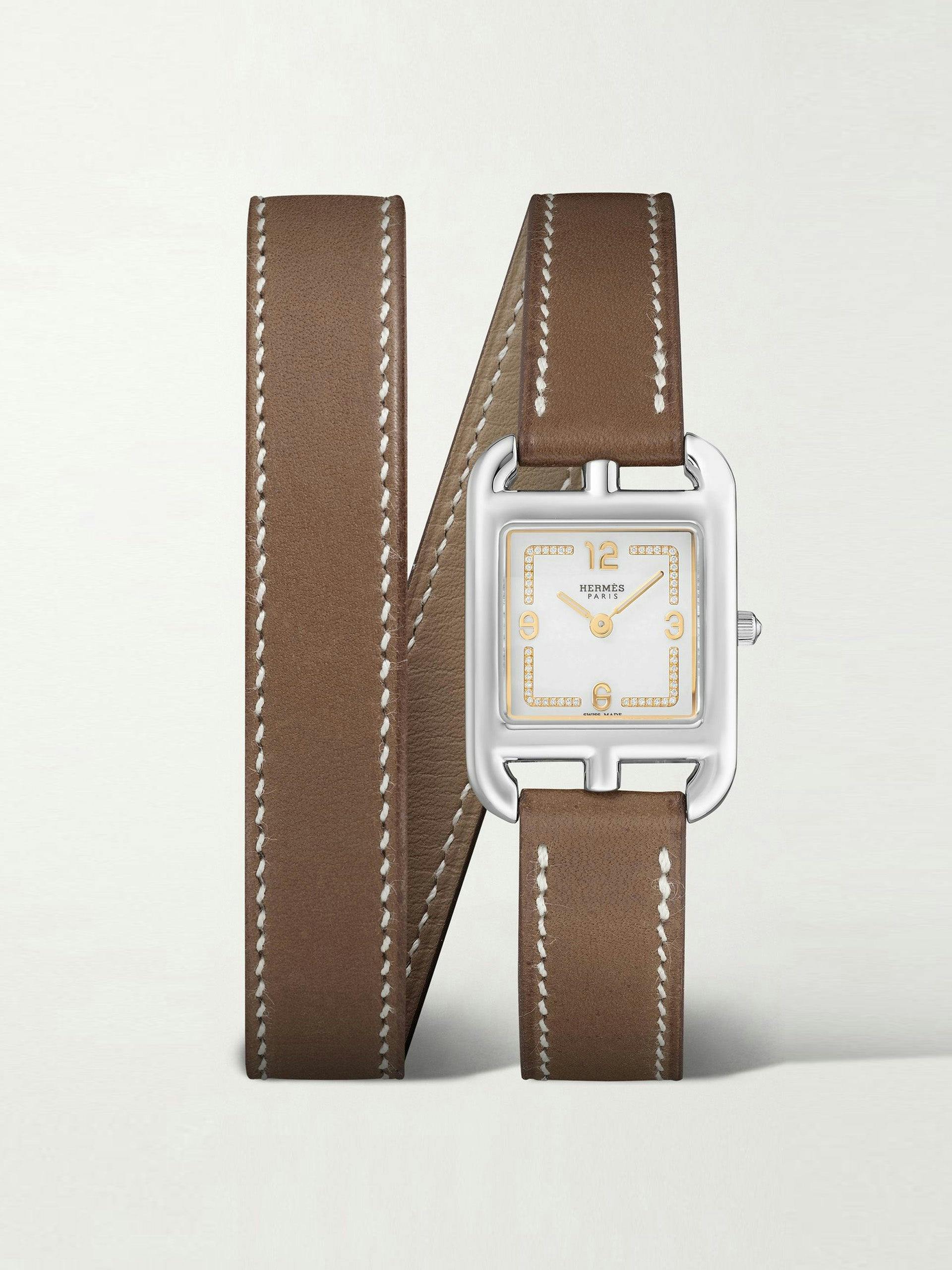 Stainless steel, leather and diamond watch