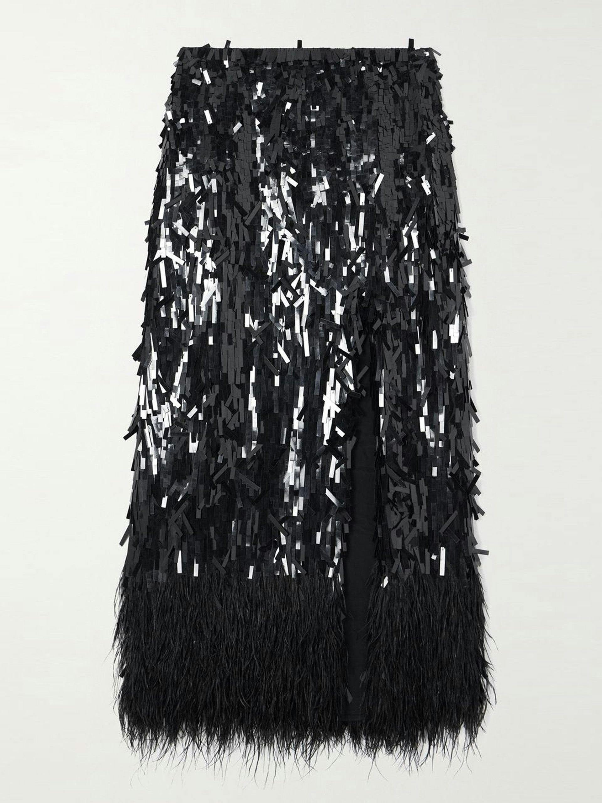 Black feather-trimmed sequined midi skirt