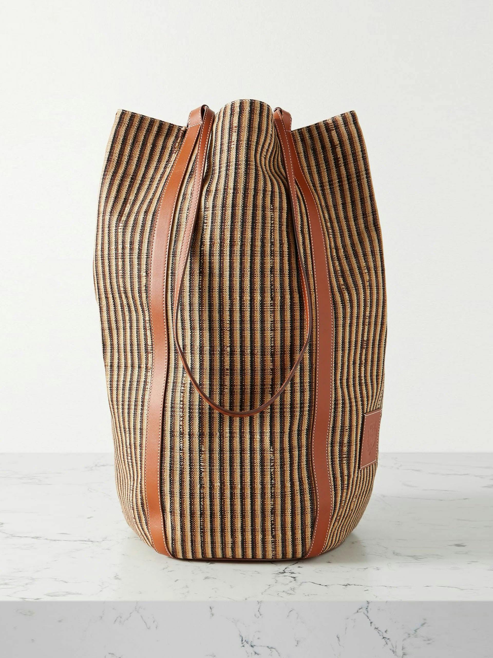 Leather-trimmed striped linen blend tote bag