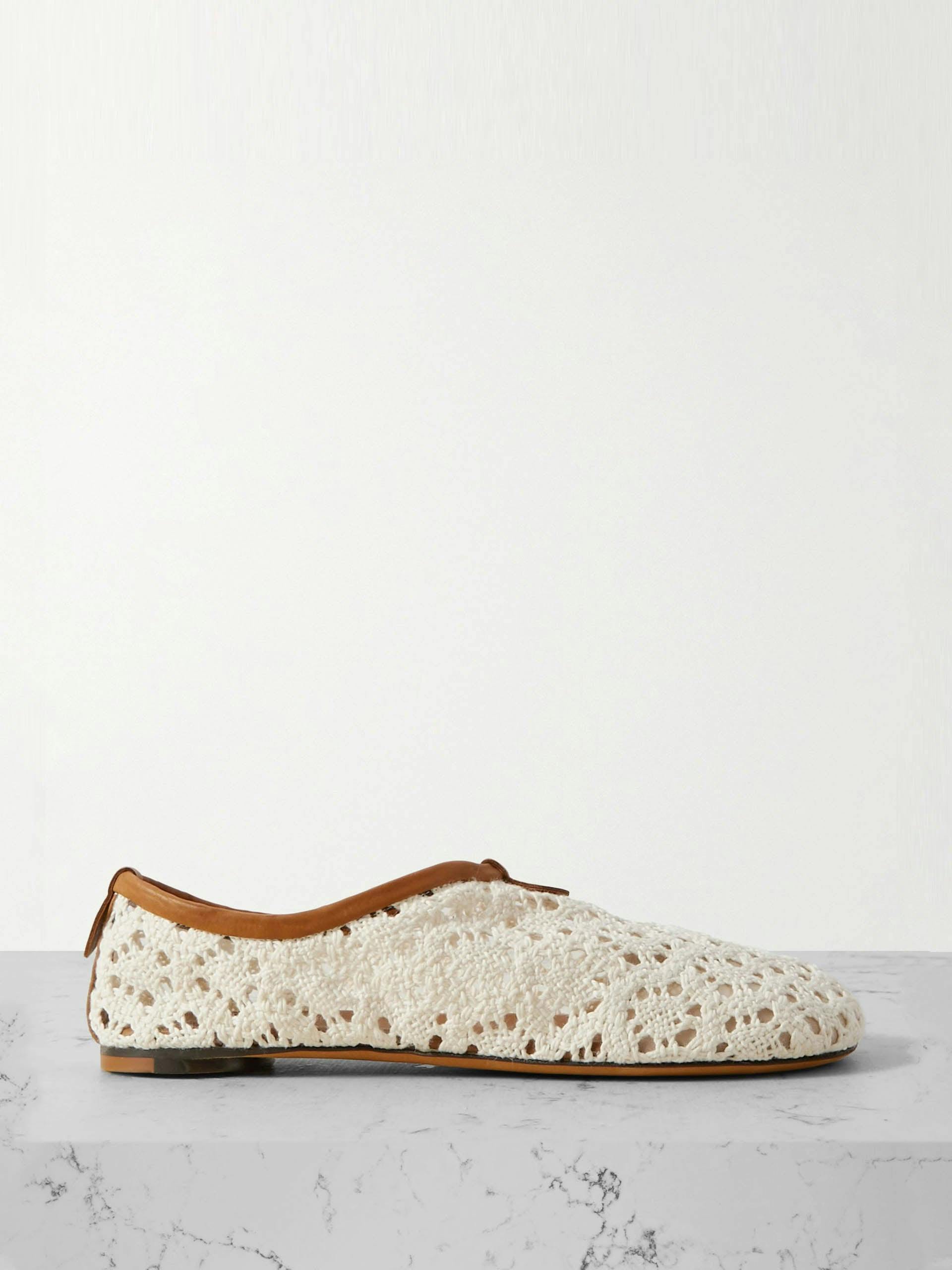 Floaty leather-trimmed macramé lace flats