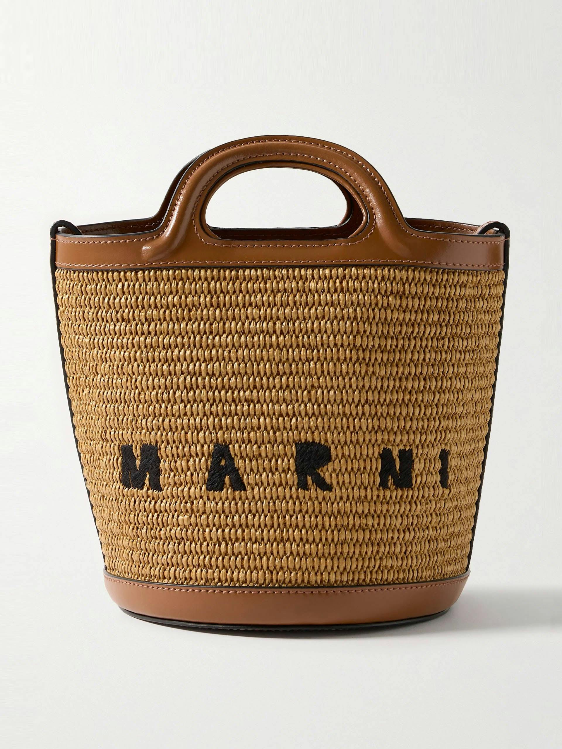 Tropicalia mini leather-trimmed embroidered faux raffia tote