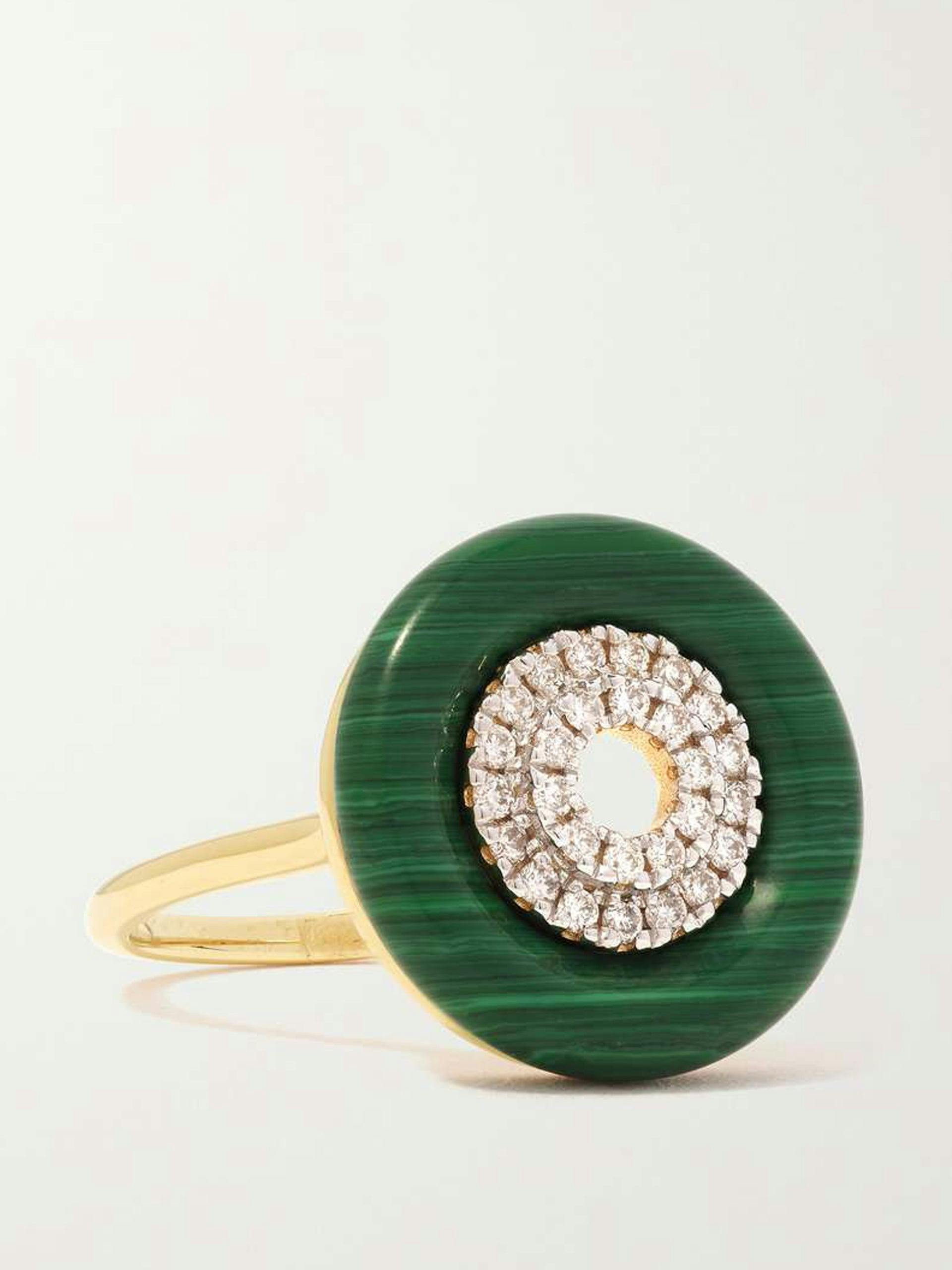 Donut 14-karat gold, malachite and diamond ring