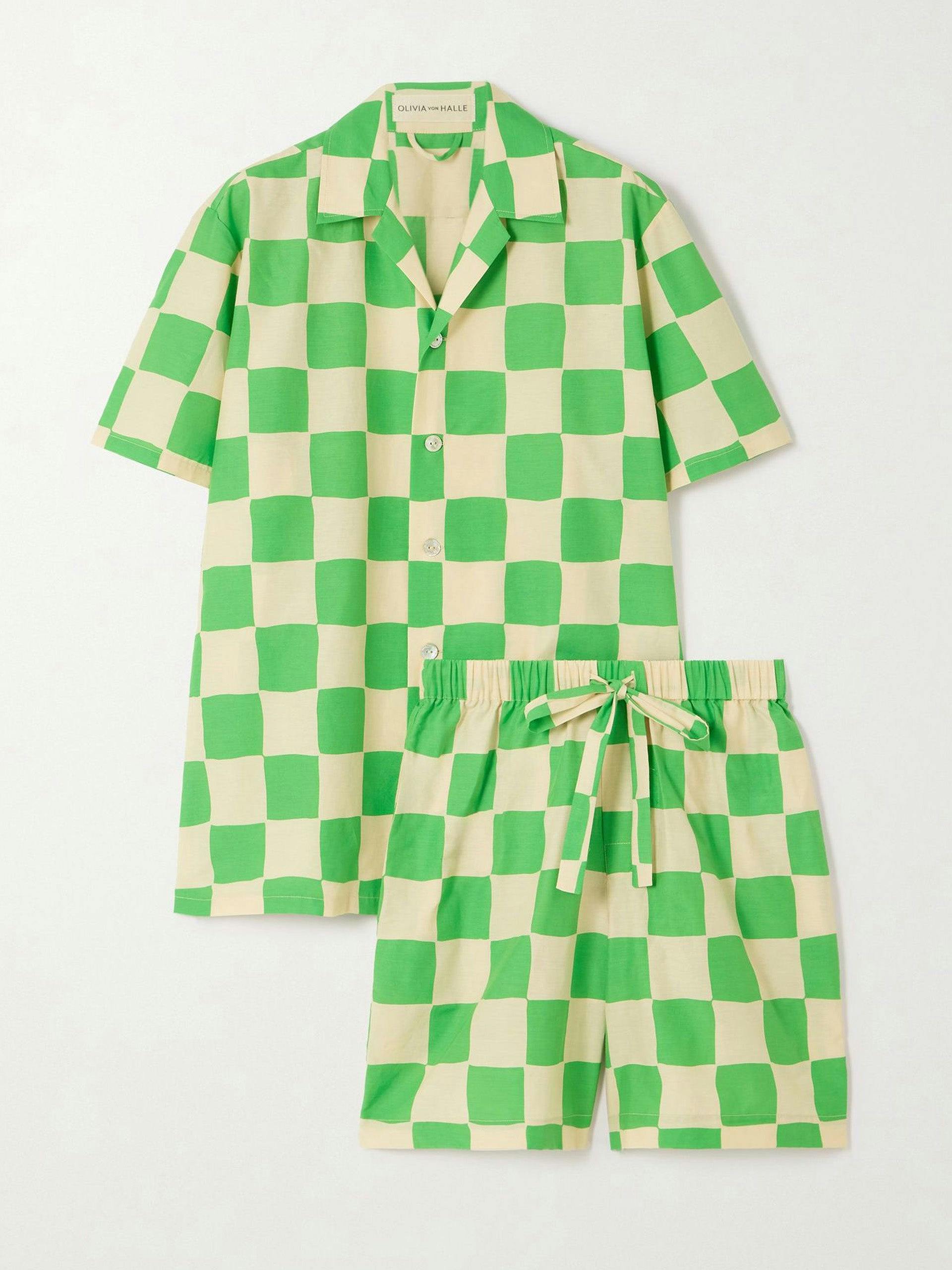 Green and beige gingham cotton and silk-blend pyjama set