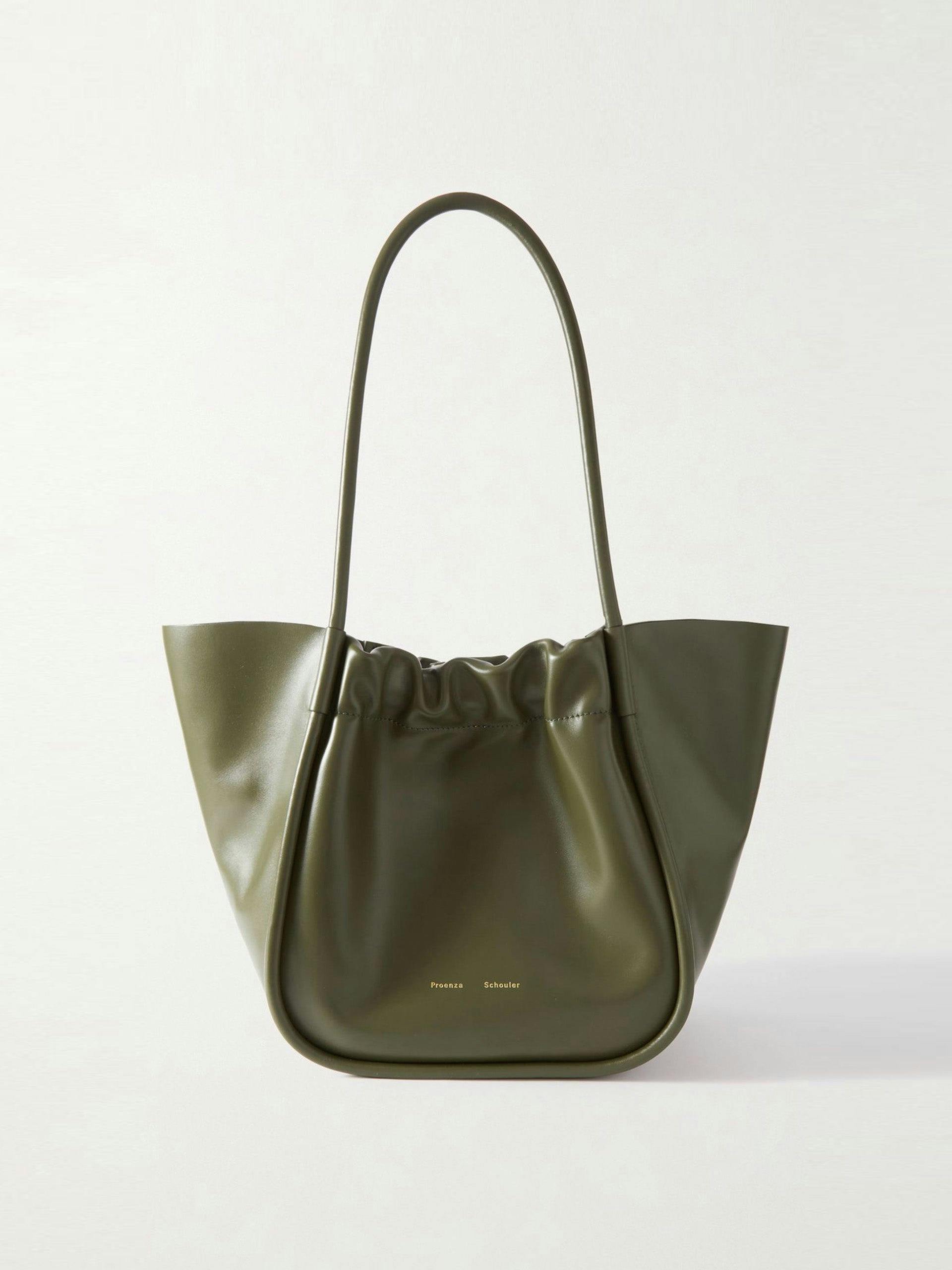 Army Green ruched large leather tote bag
