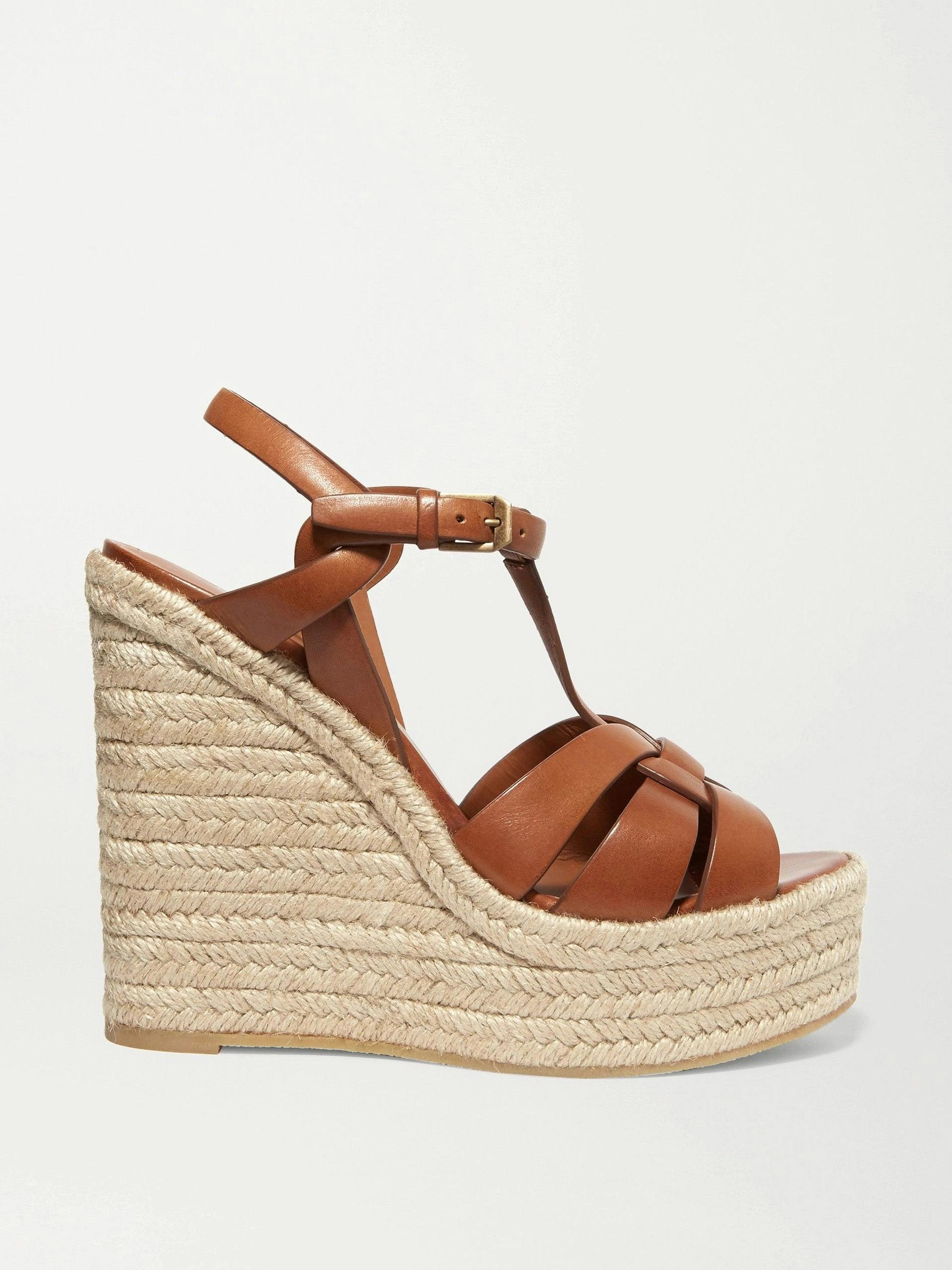 Tan woven leather espadrille wedge sandals