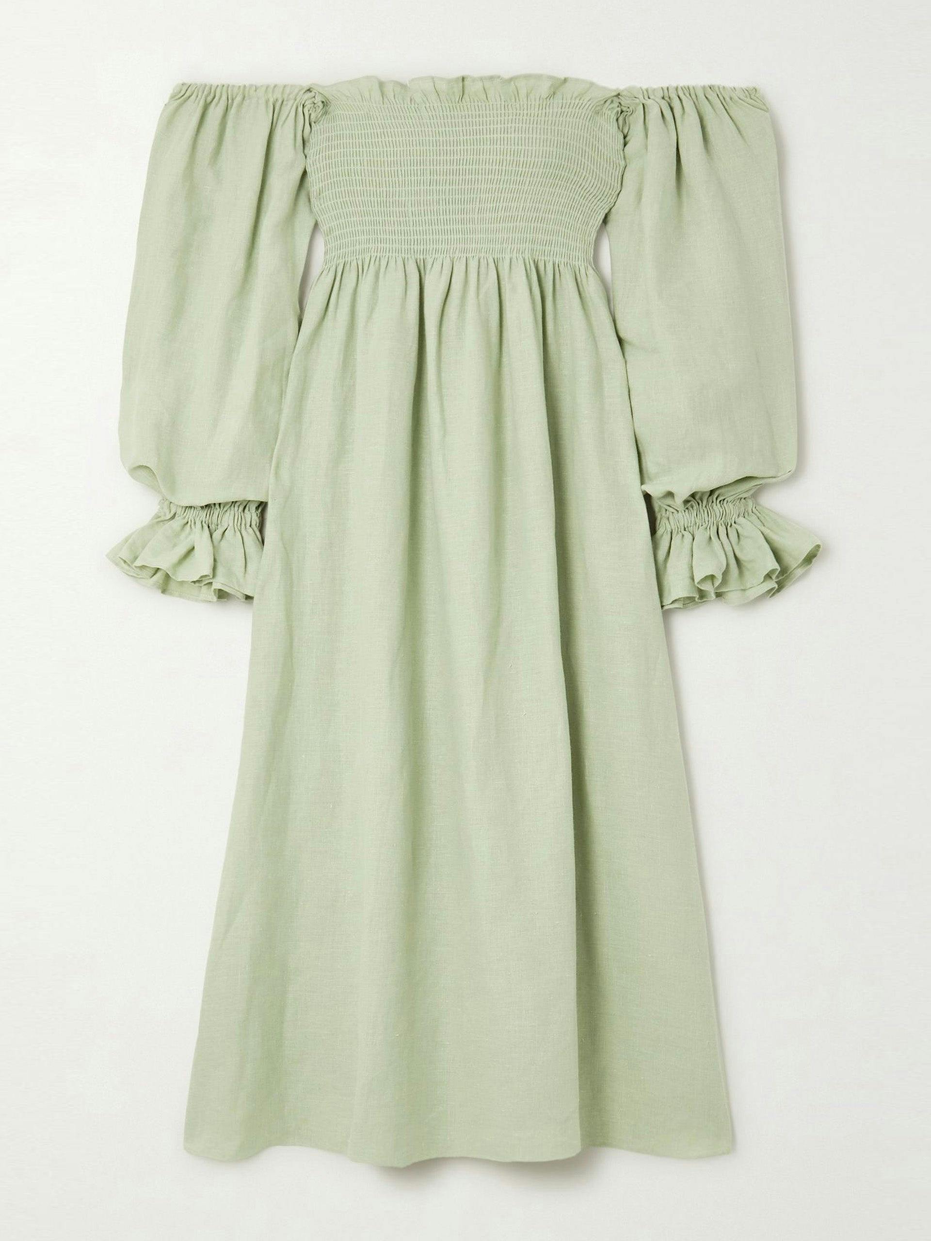 Light Green off-the-shoulder shirred organic linen midi dress