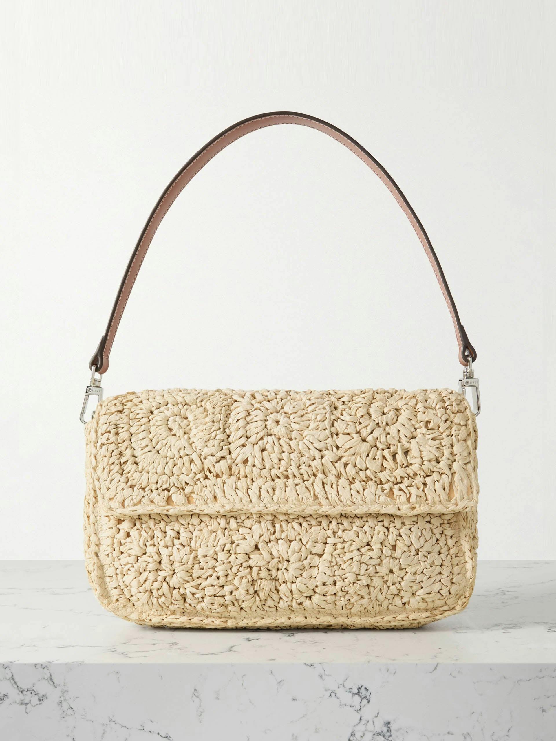 Timmy leather-trimmed crocheted raffia shoulder bag