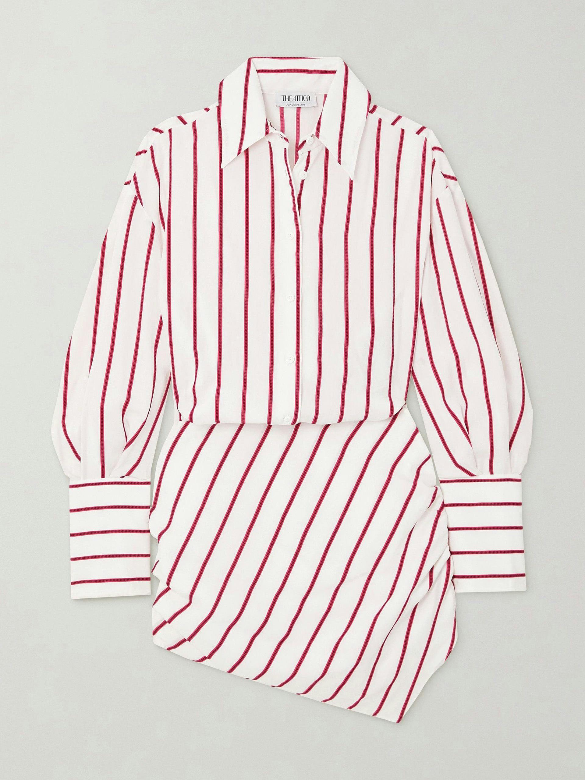 White and red asymmetric striped poplin mini shirt dress