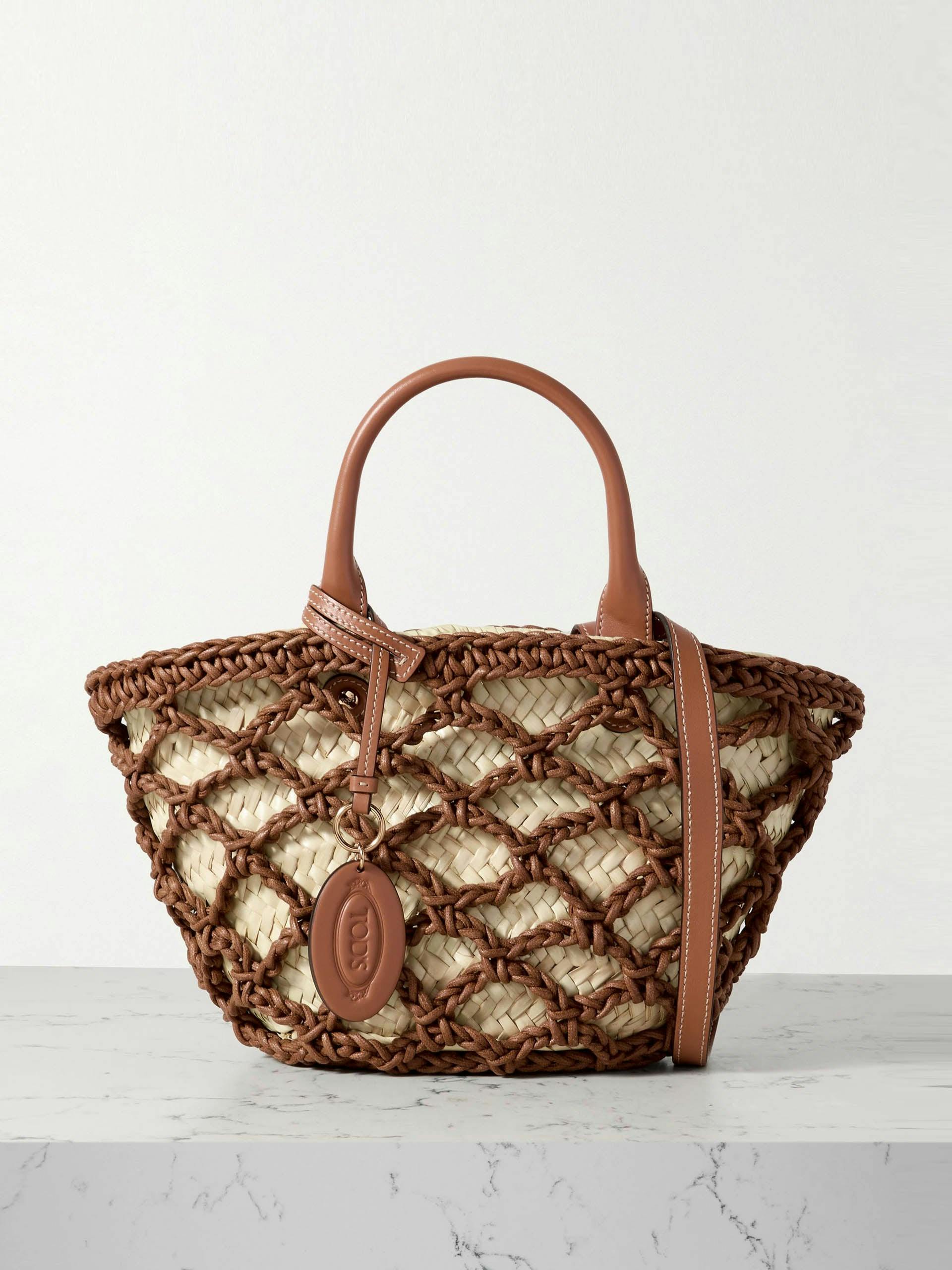 Woven leather and raffia tote