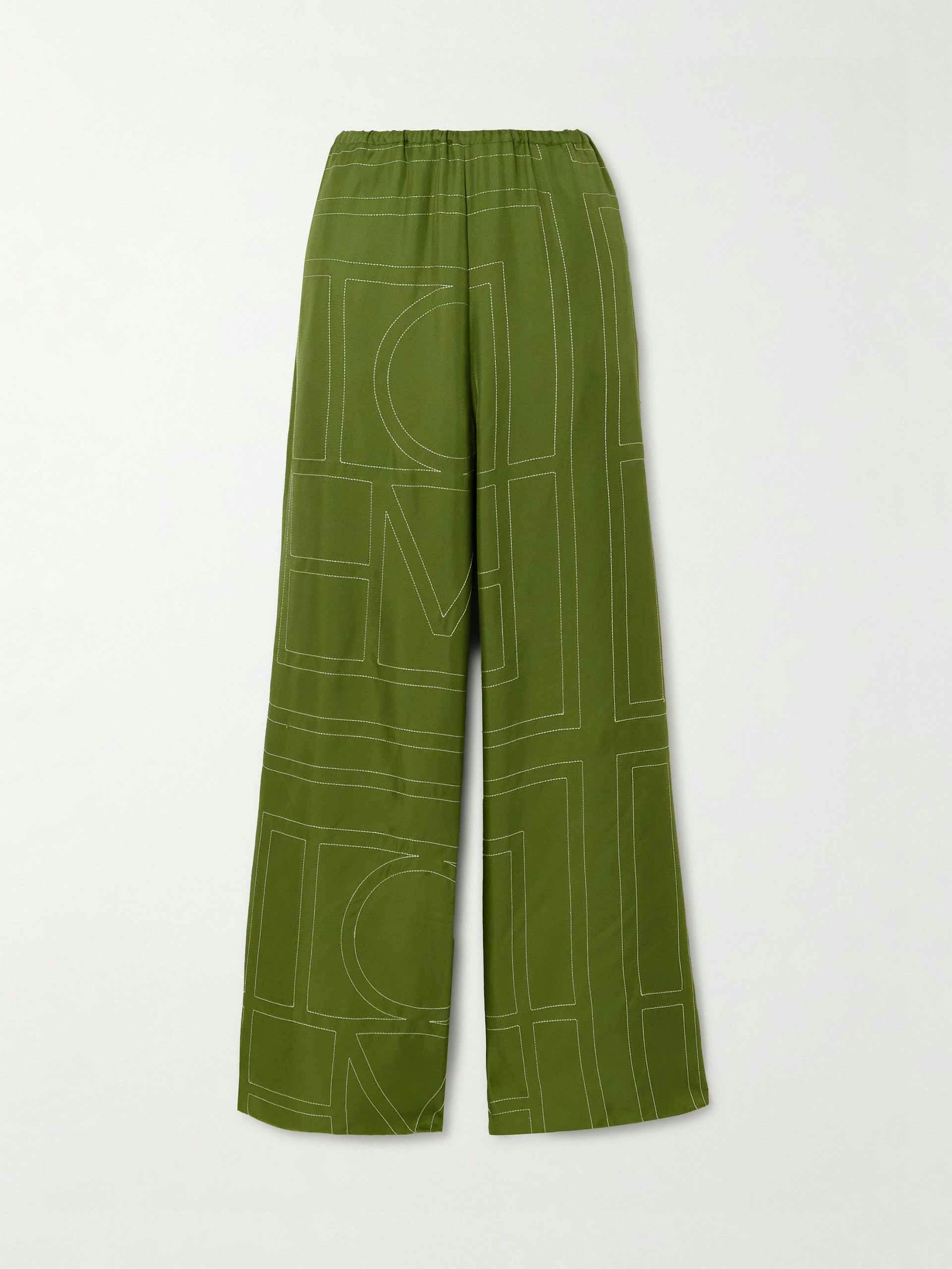 Embroidered silk-twill wide-leg pants