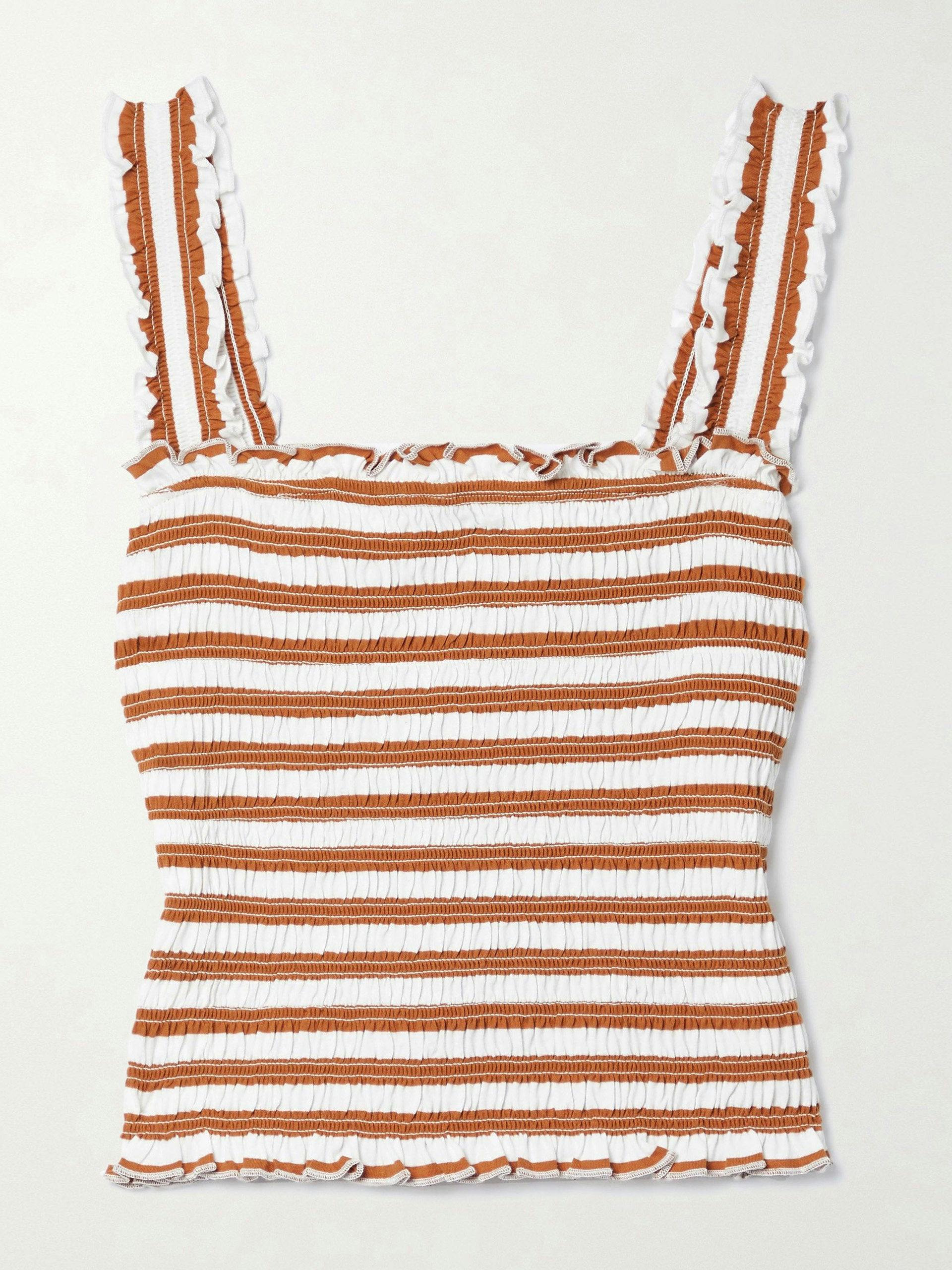 Brown shirred striped cotton-jersey top