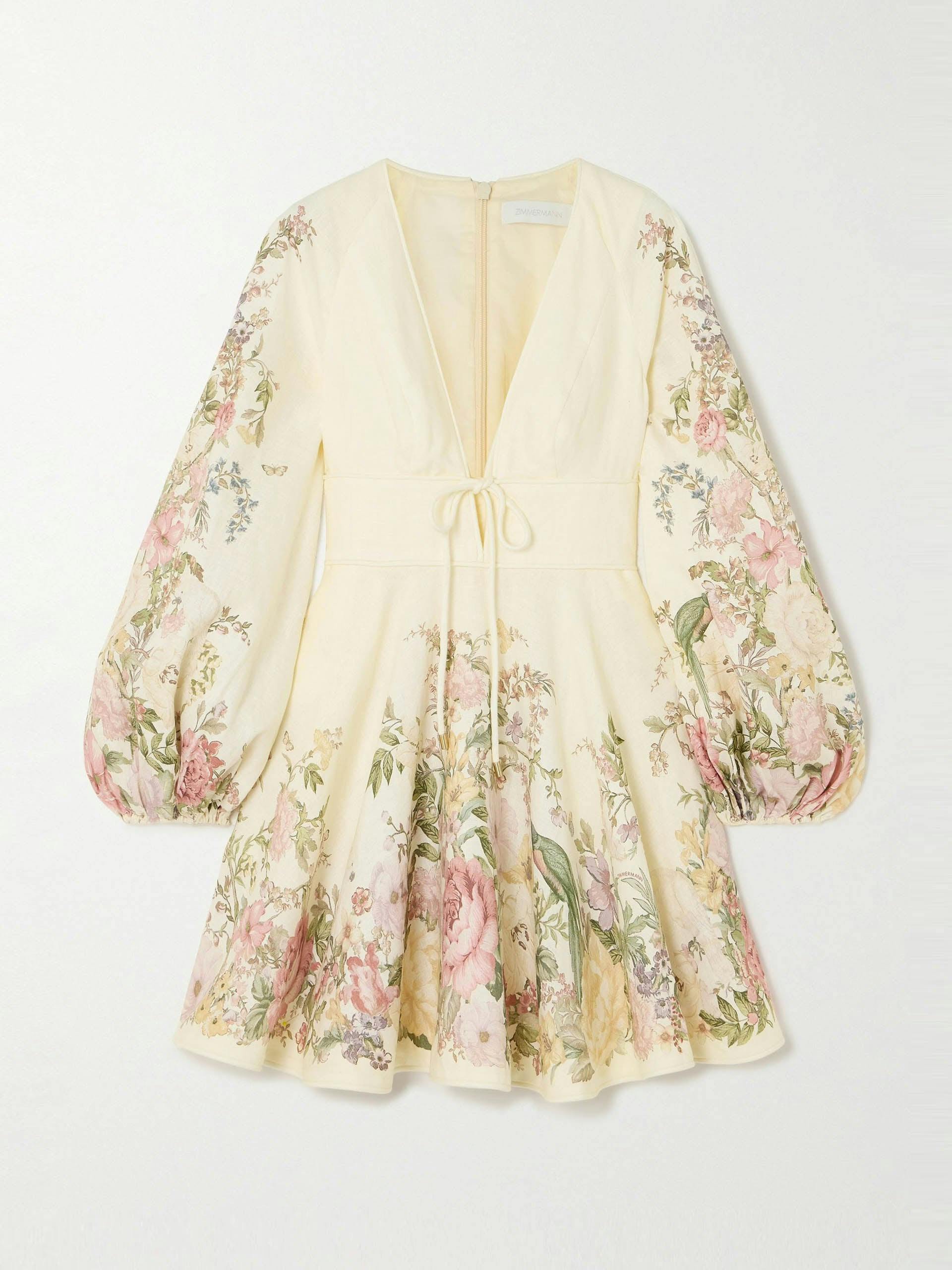 Waverly Plunge tie-detailed floral-print linen minidress