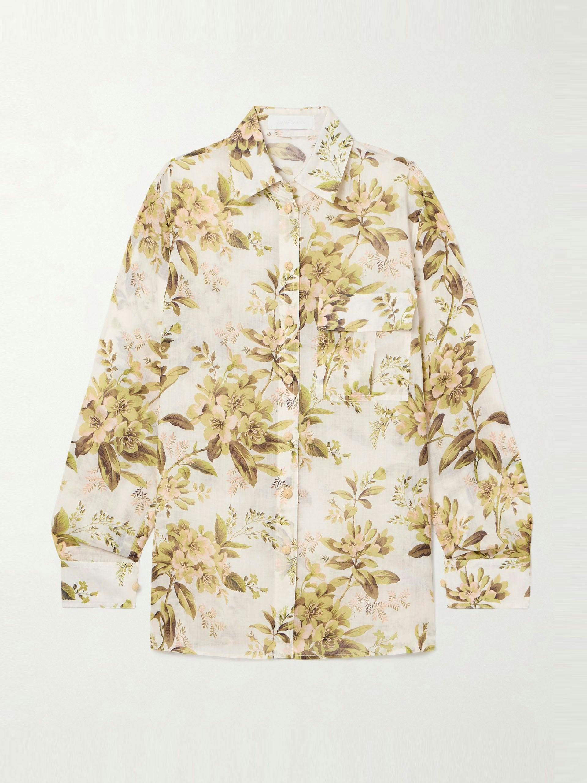 Golden floral-print ramie shirt