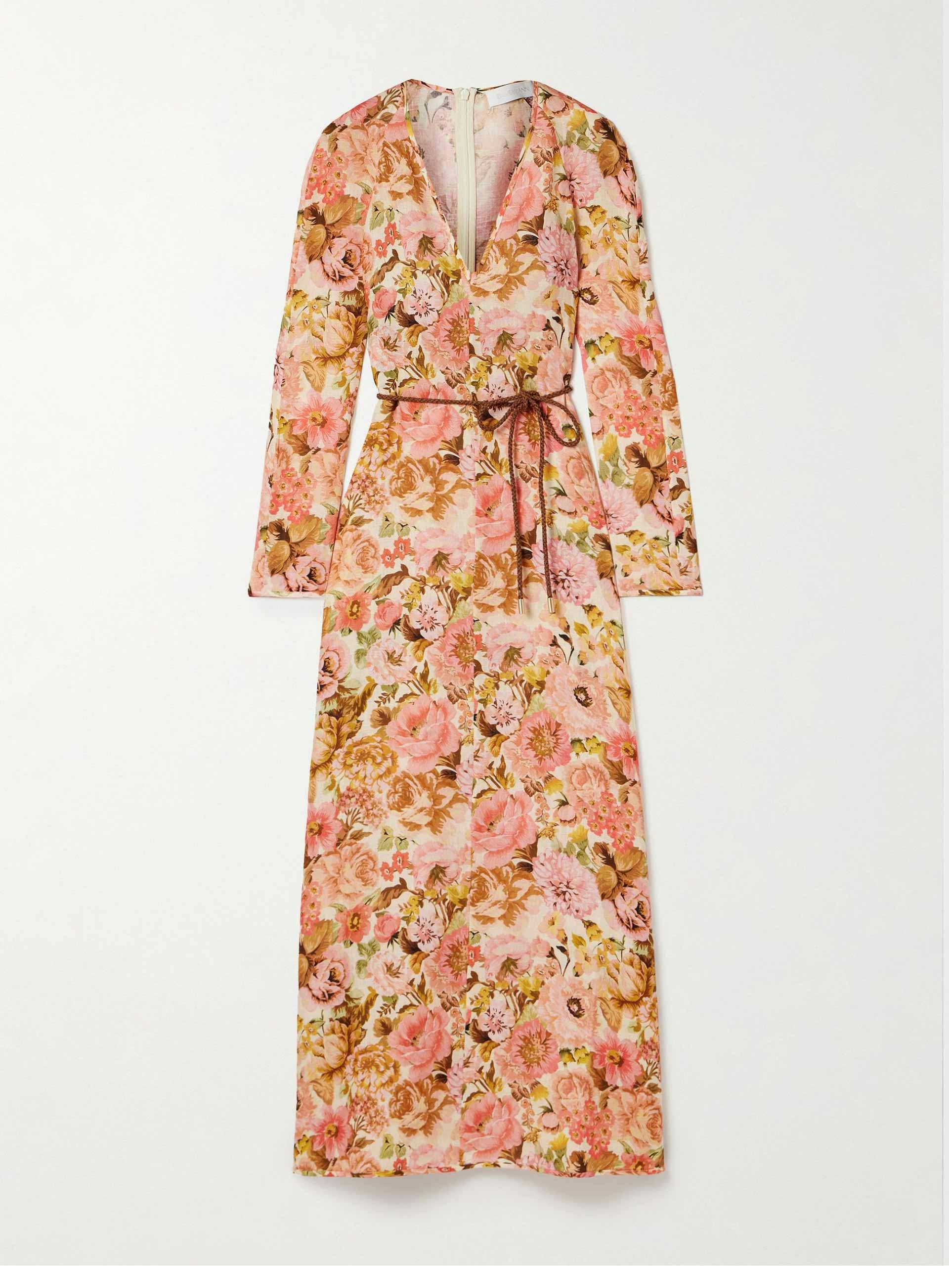 Golden belted floral-print linen maxi dress