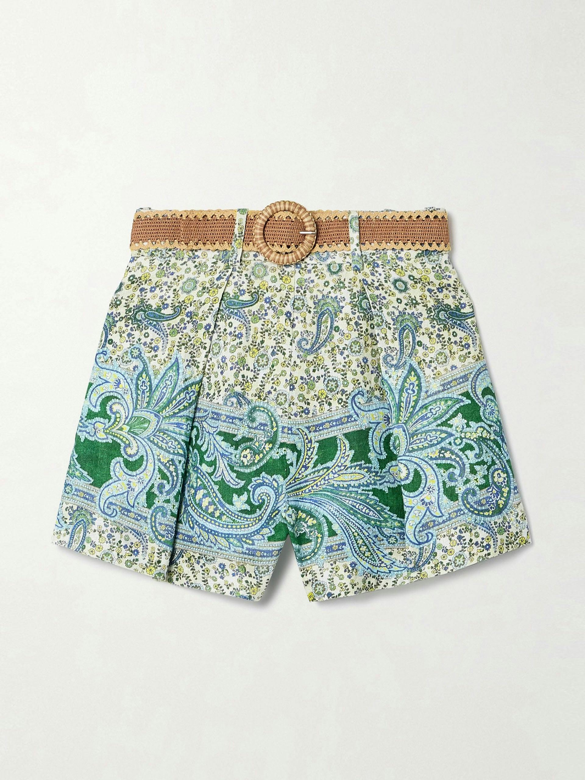 Ottie belted pleated printed linen shorts