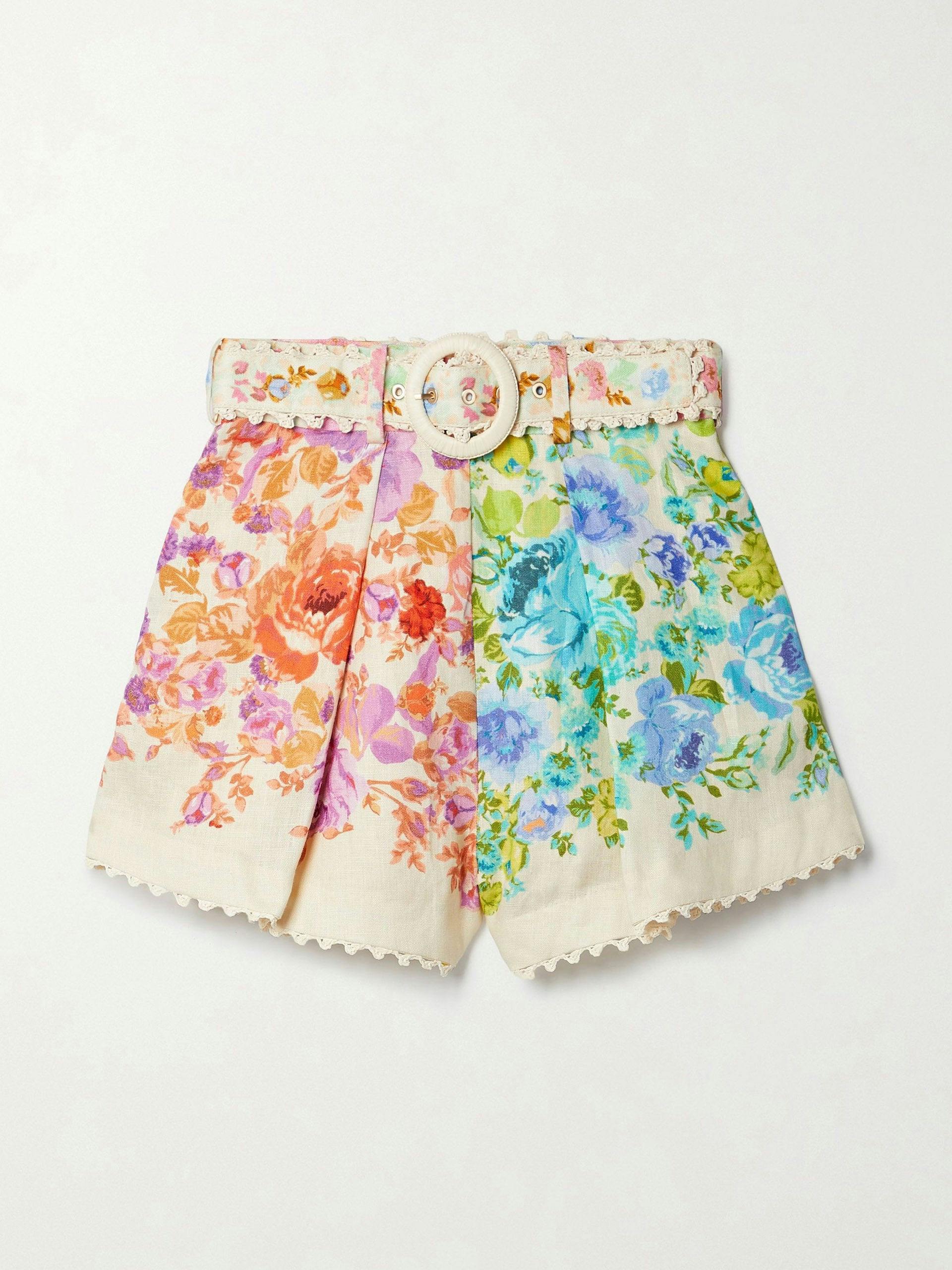 Multicoloured floral print crochet-trimmed belted shorts