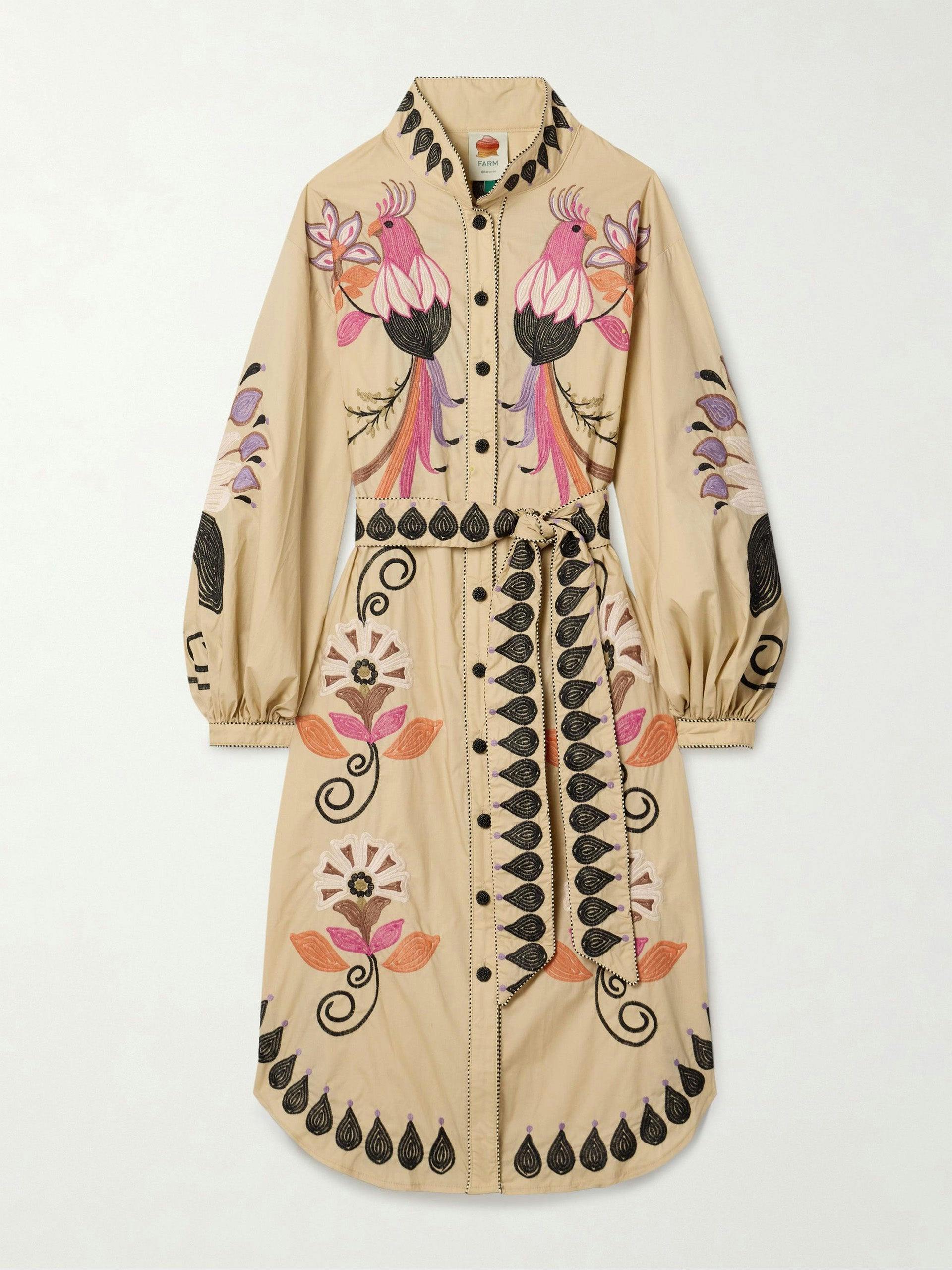 Belted embellished embroidered cotton midi shirt dress