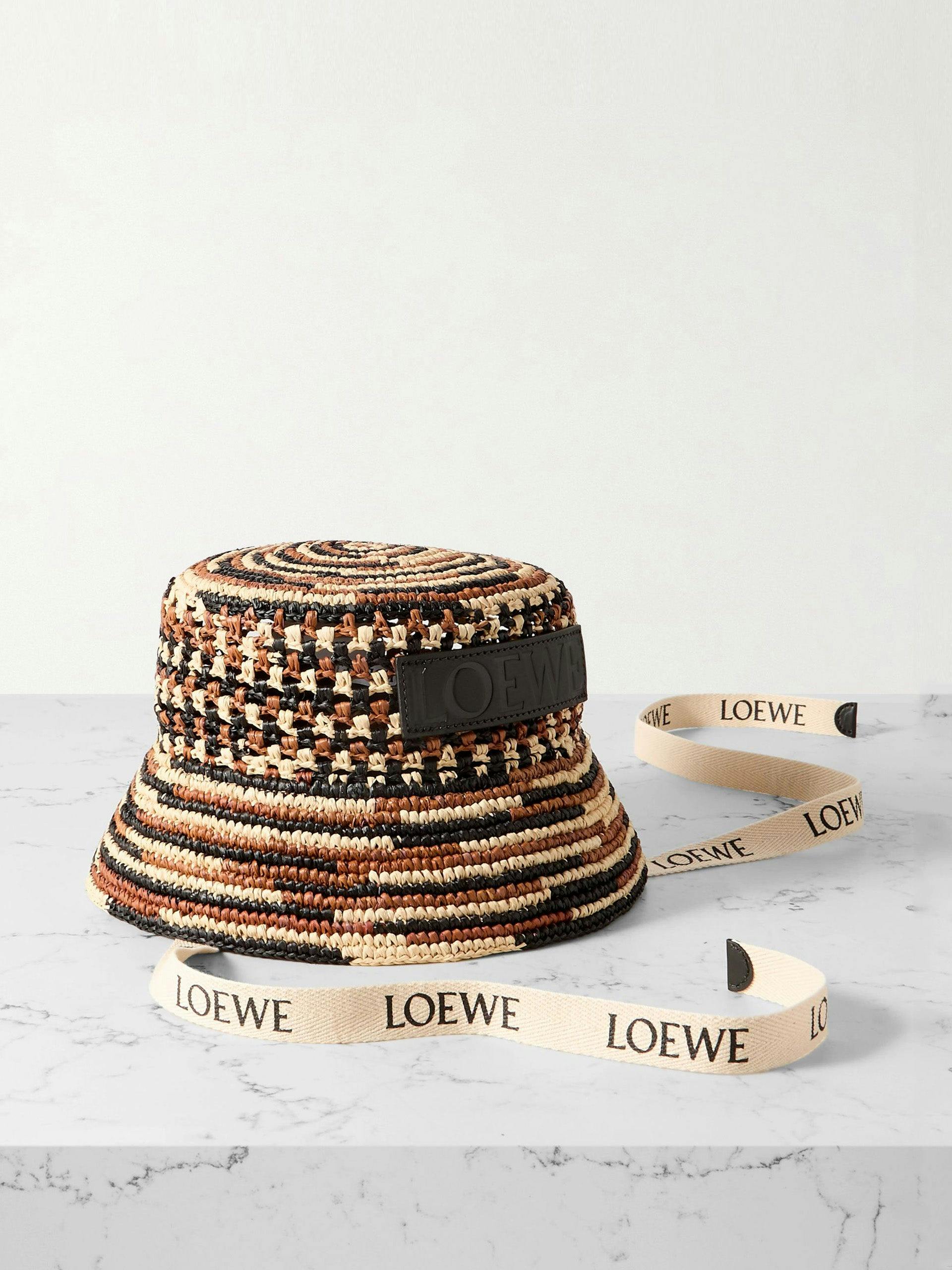 Leather and webbing-trimmed striped raffia bucket hat