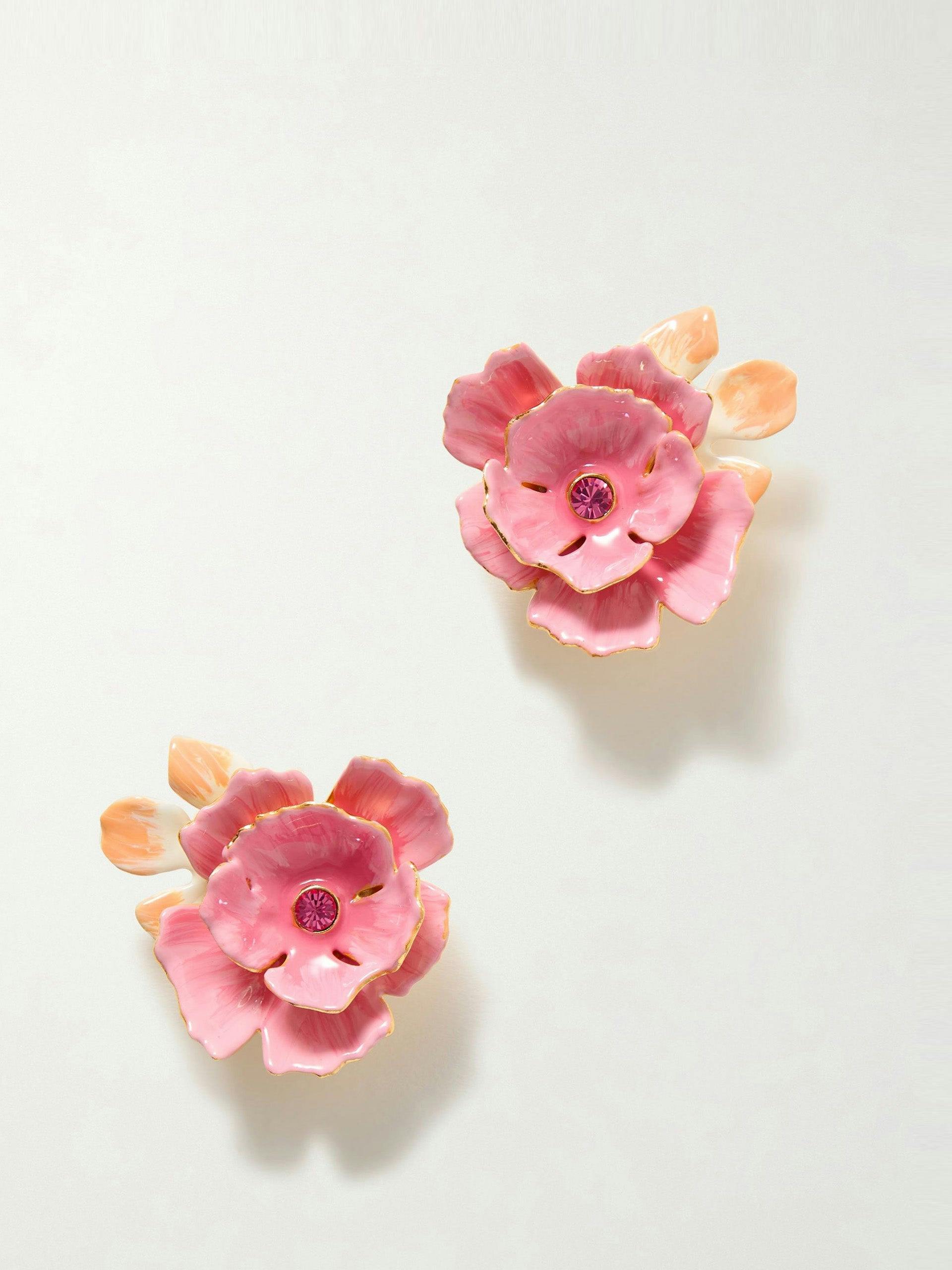 Gardenia gold-tone, enamel and crystal clip earrings