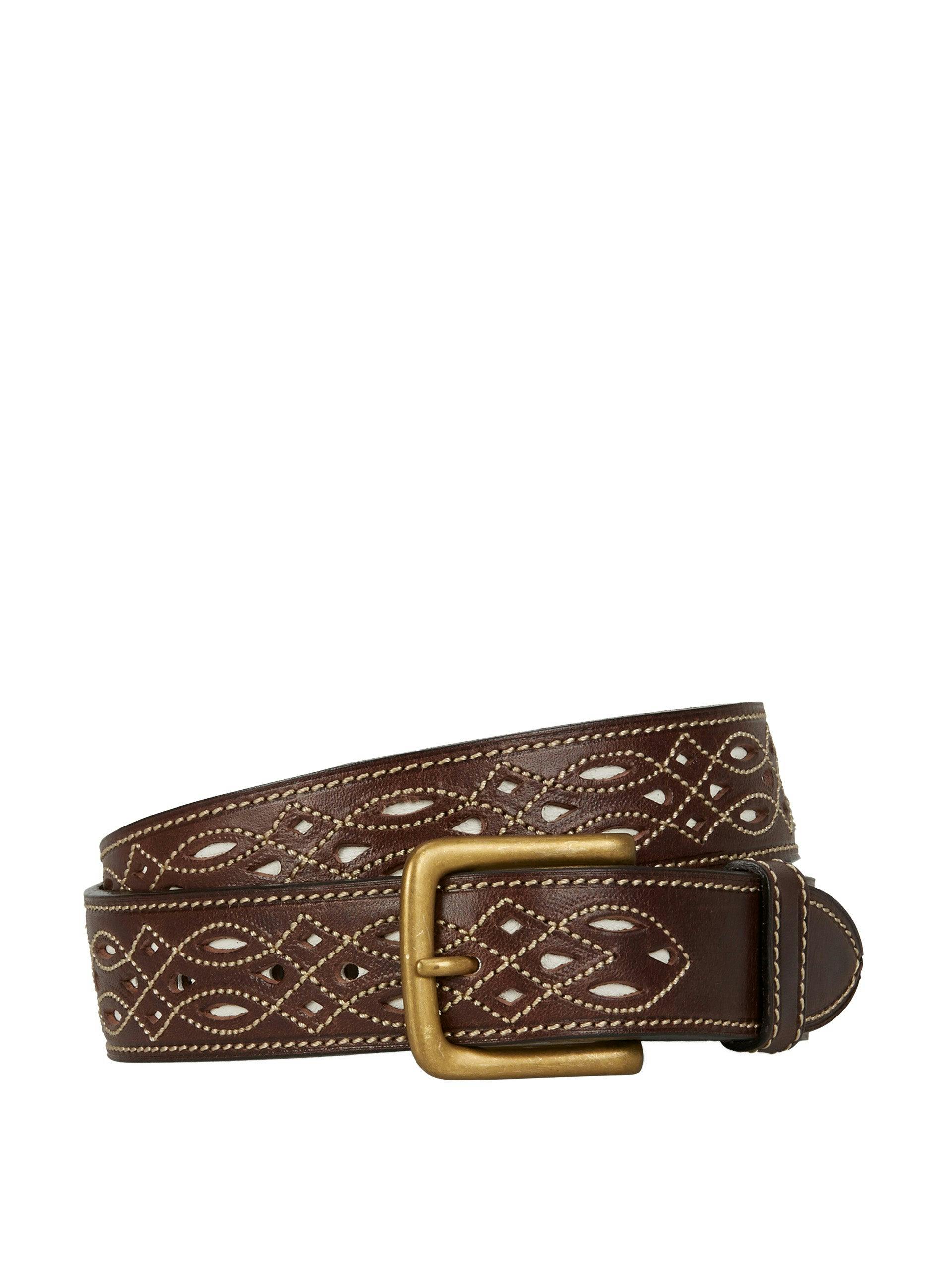 Brown leather belt with white stitchwork
