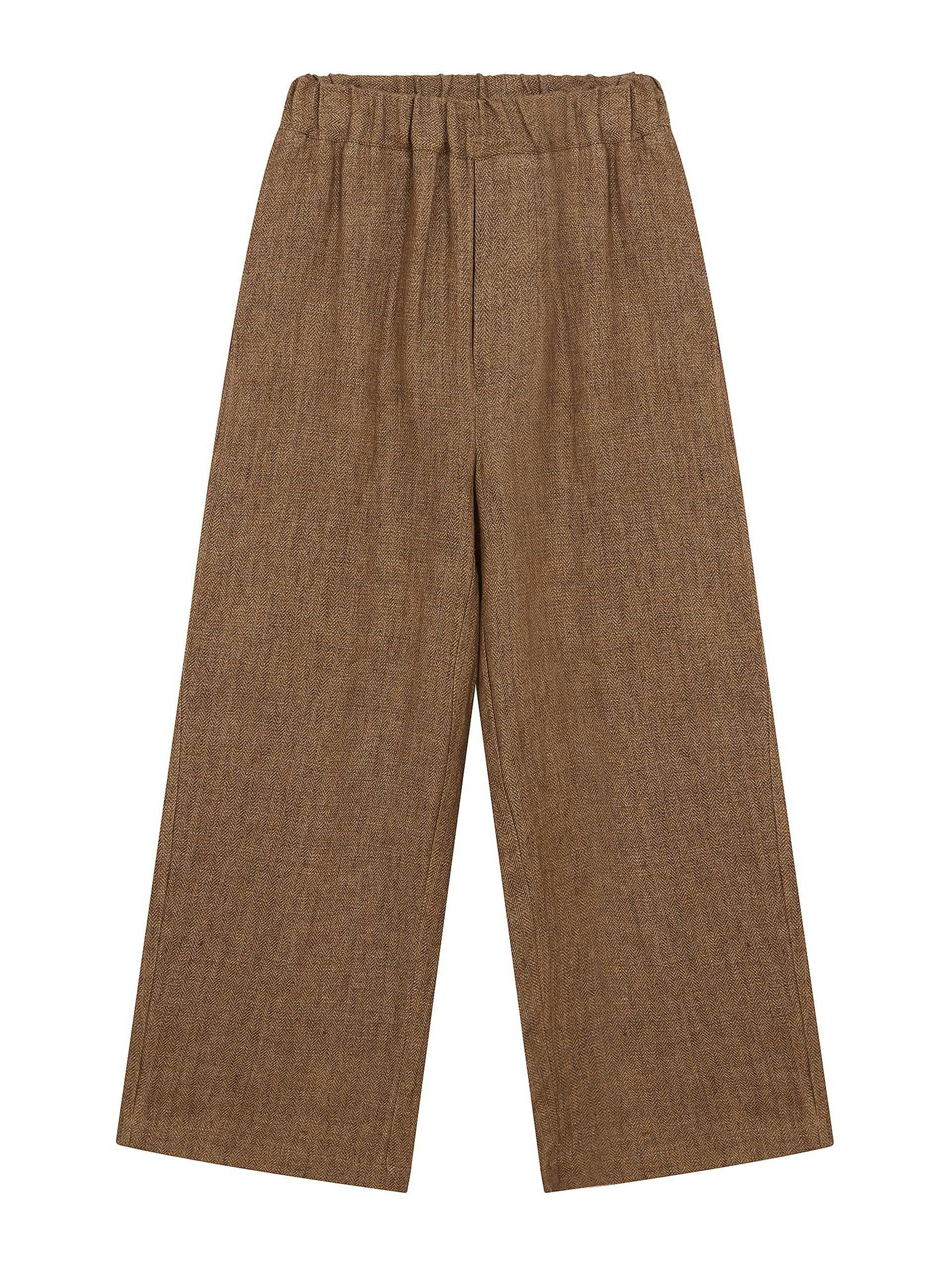 Taupe linen pants in a soft herringbone tweed