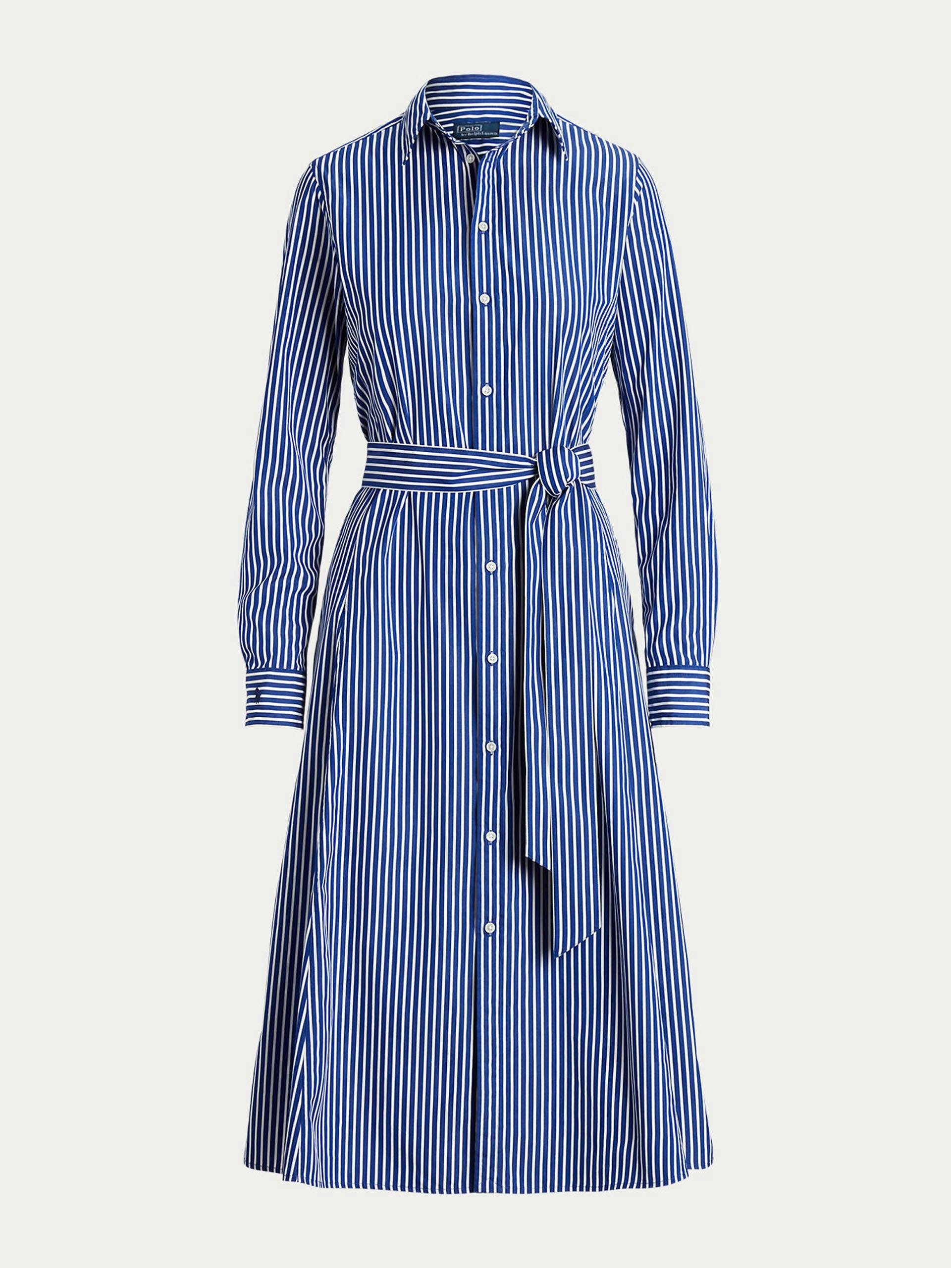 Blue belted striped cotton shirt dress