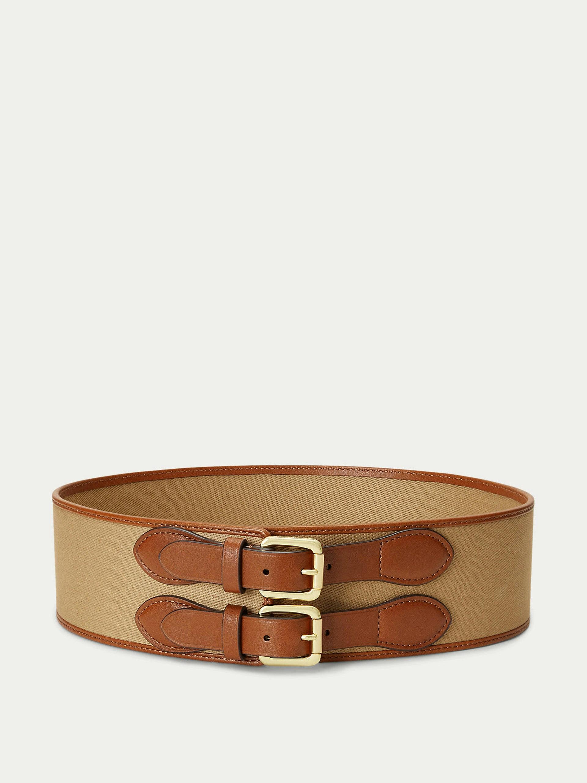 Brown leather-trim twill wide belt