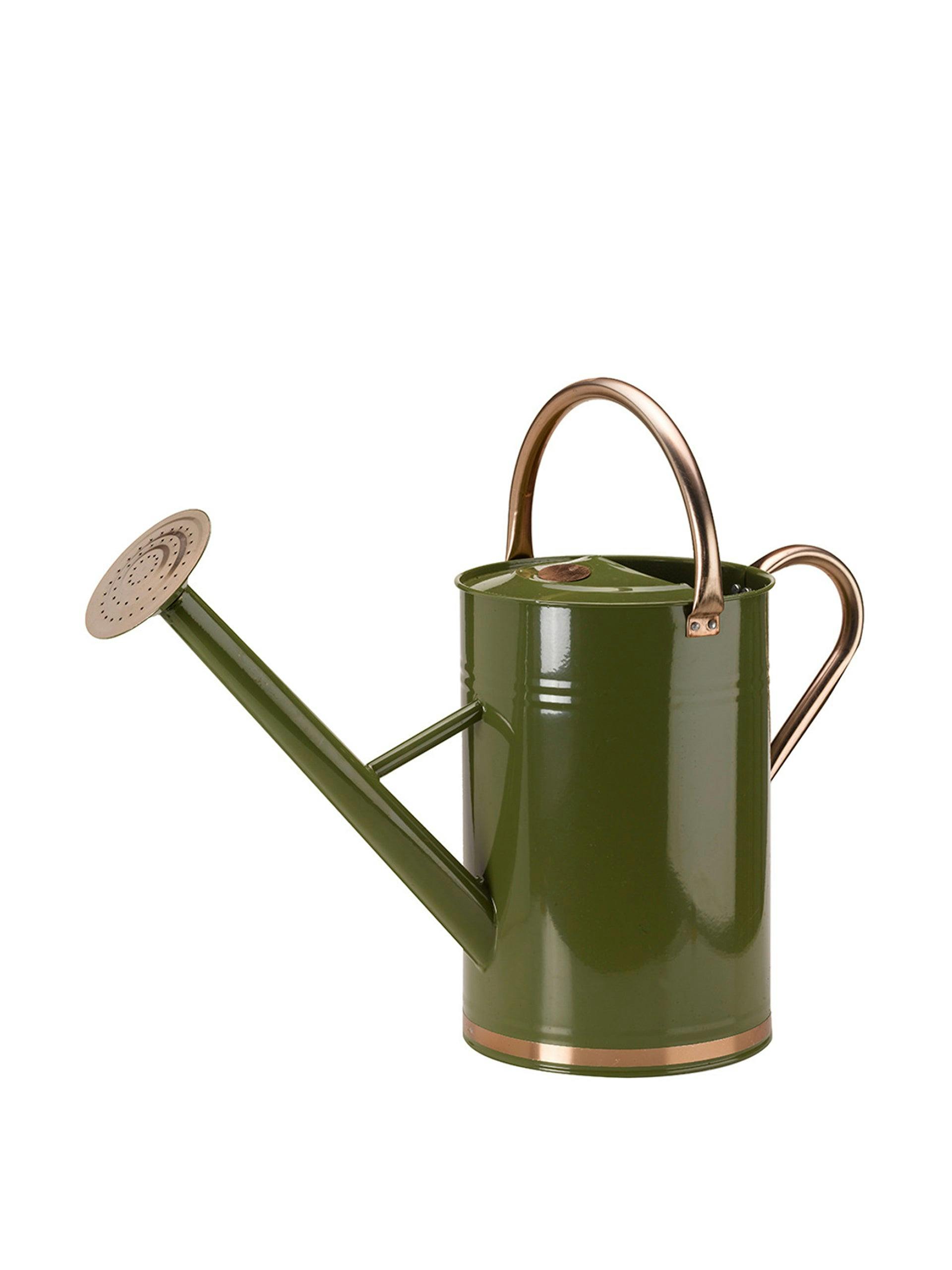 Green metal watering can