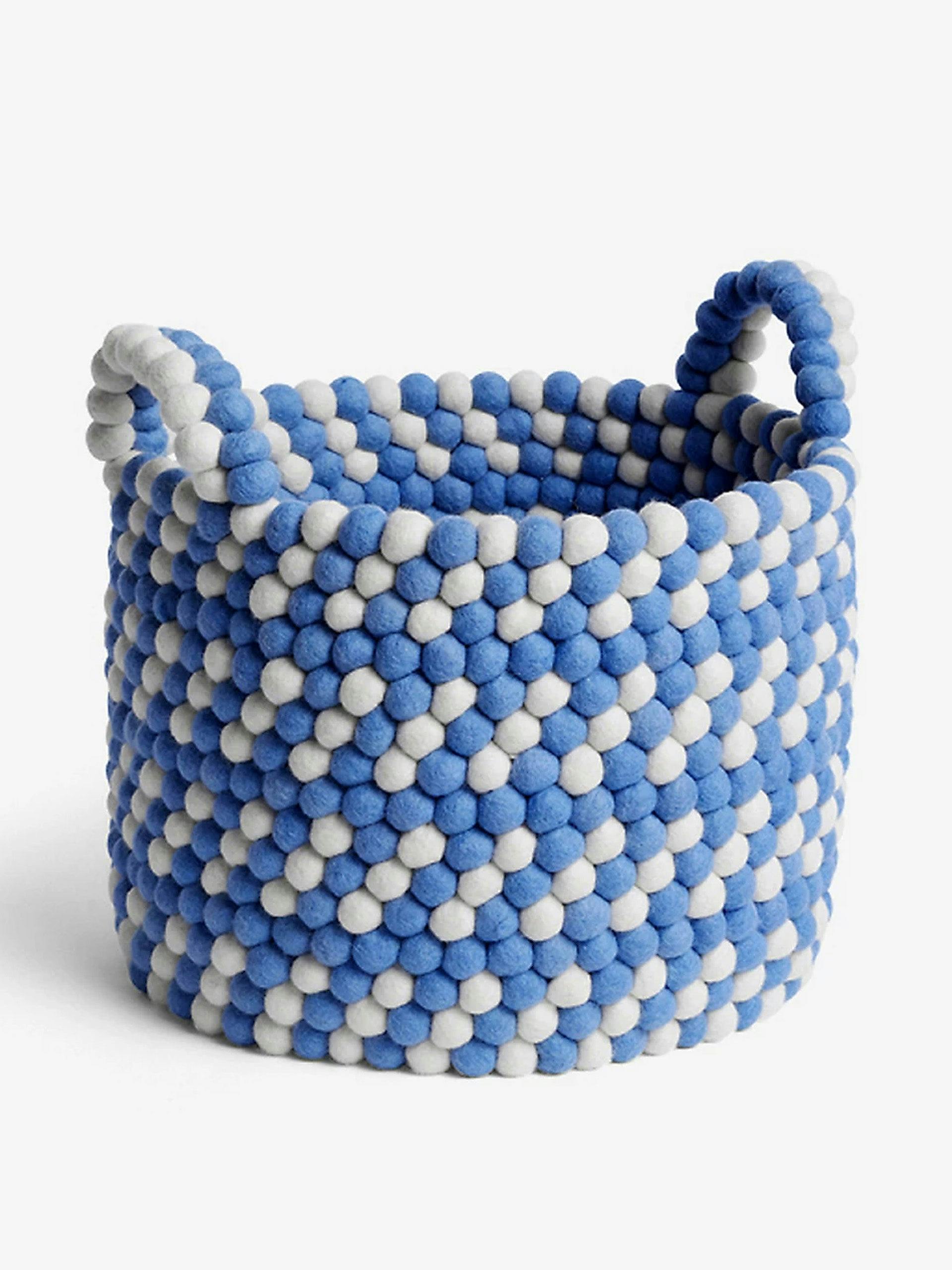 Blue beaded wool basket