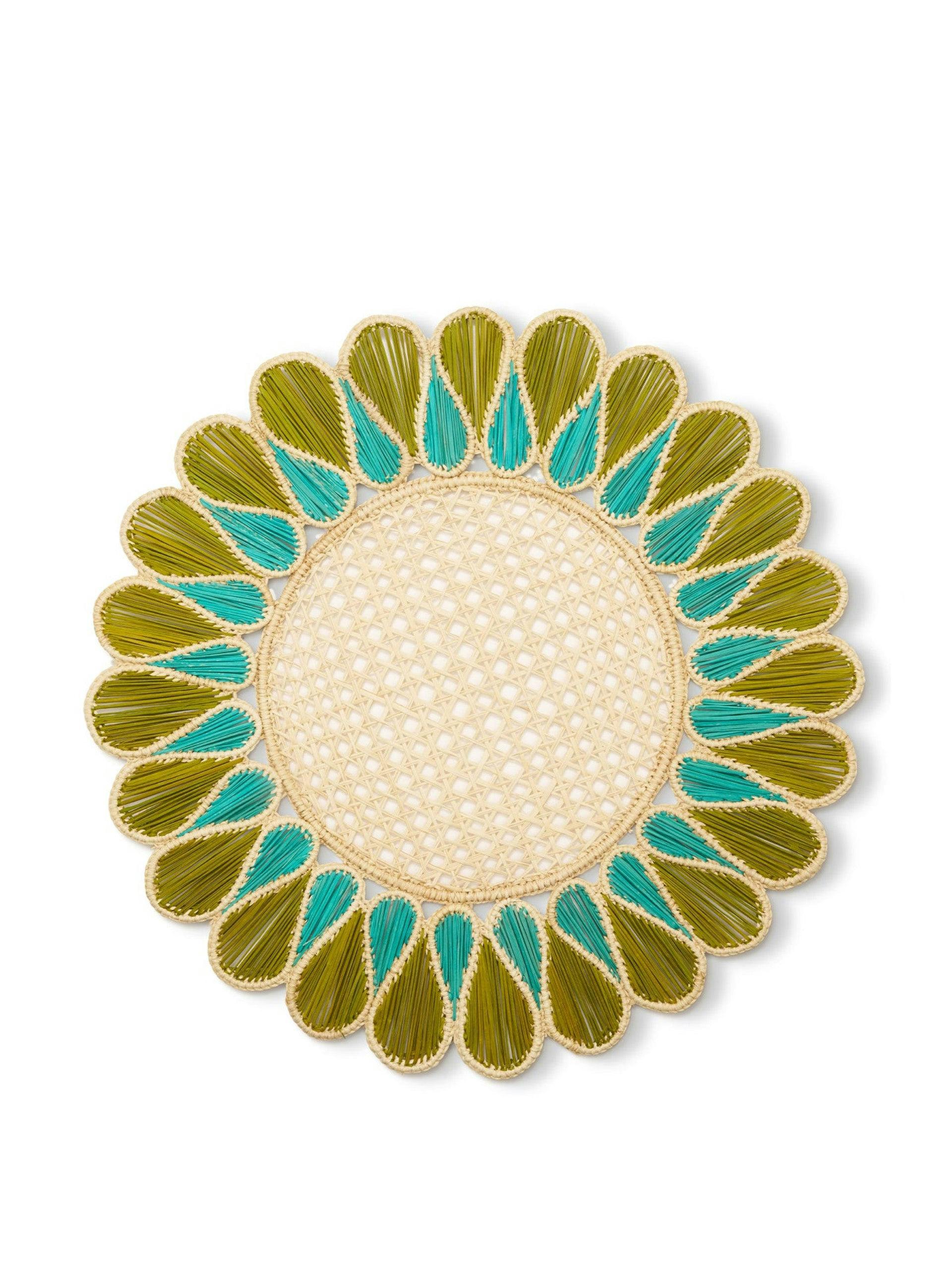 Drops woven straw placemat in olive green & aquamarine