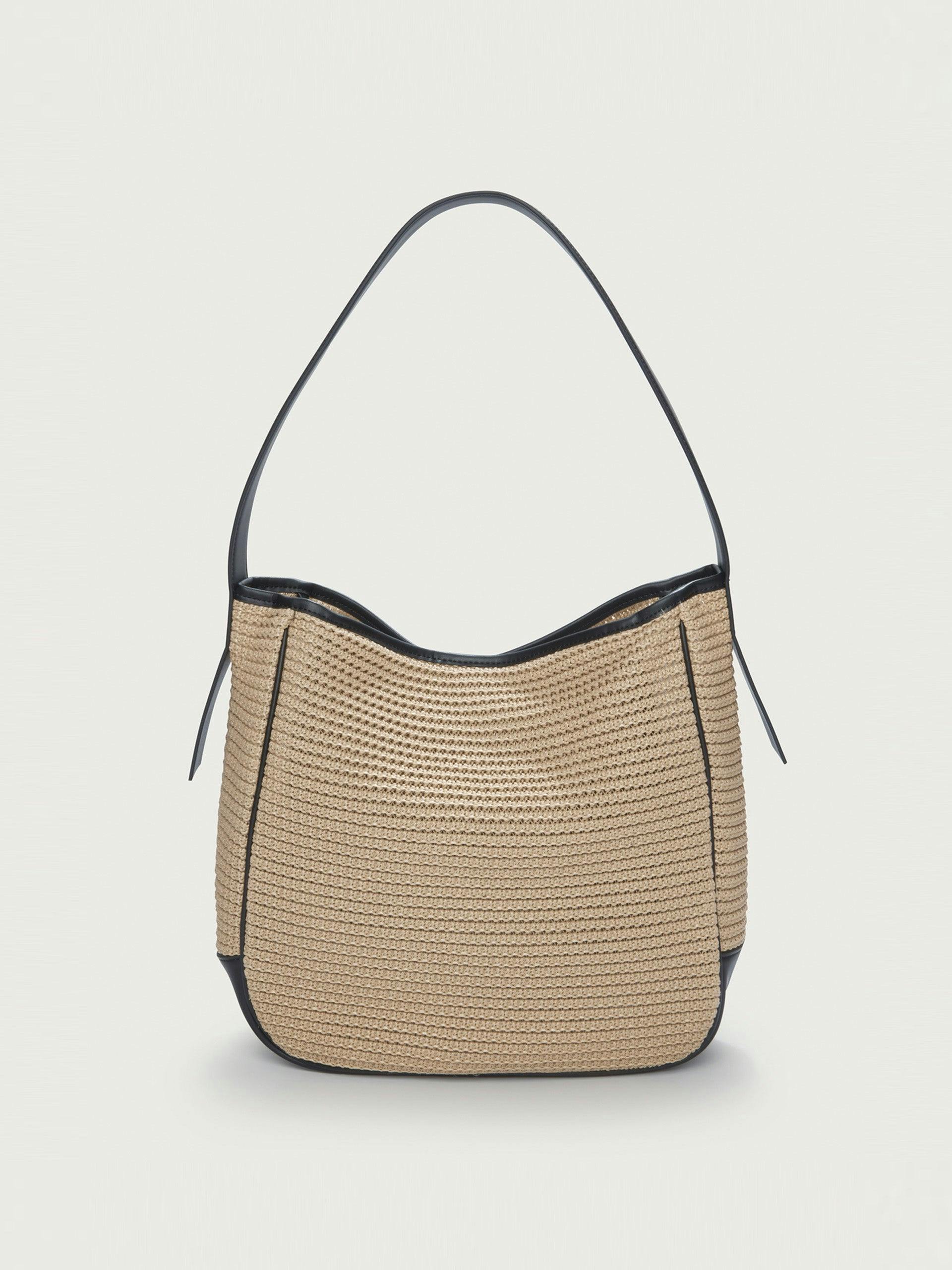 Woven leather trim bucket bag