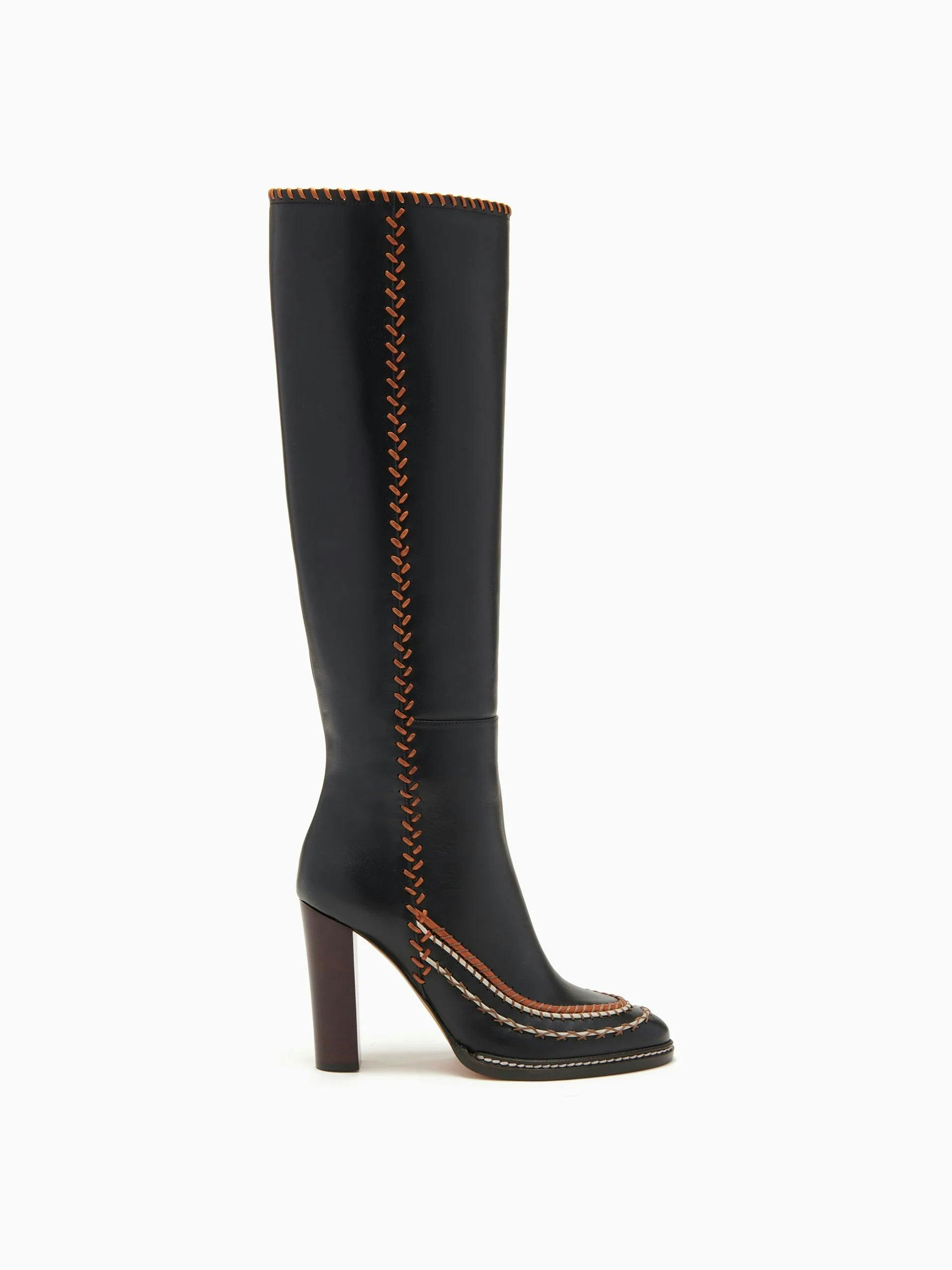 Black leather knee-high boots with contrast stitching