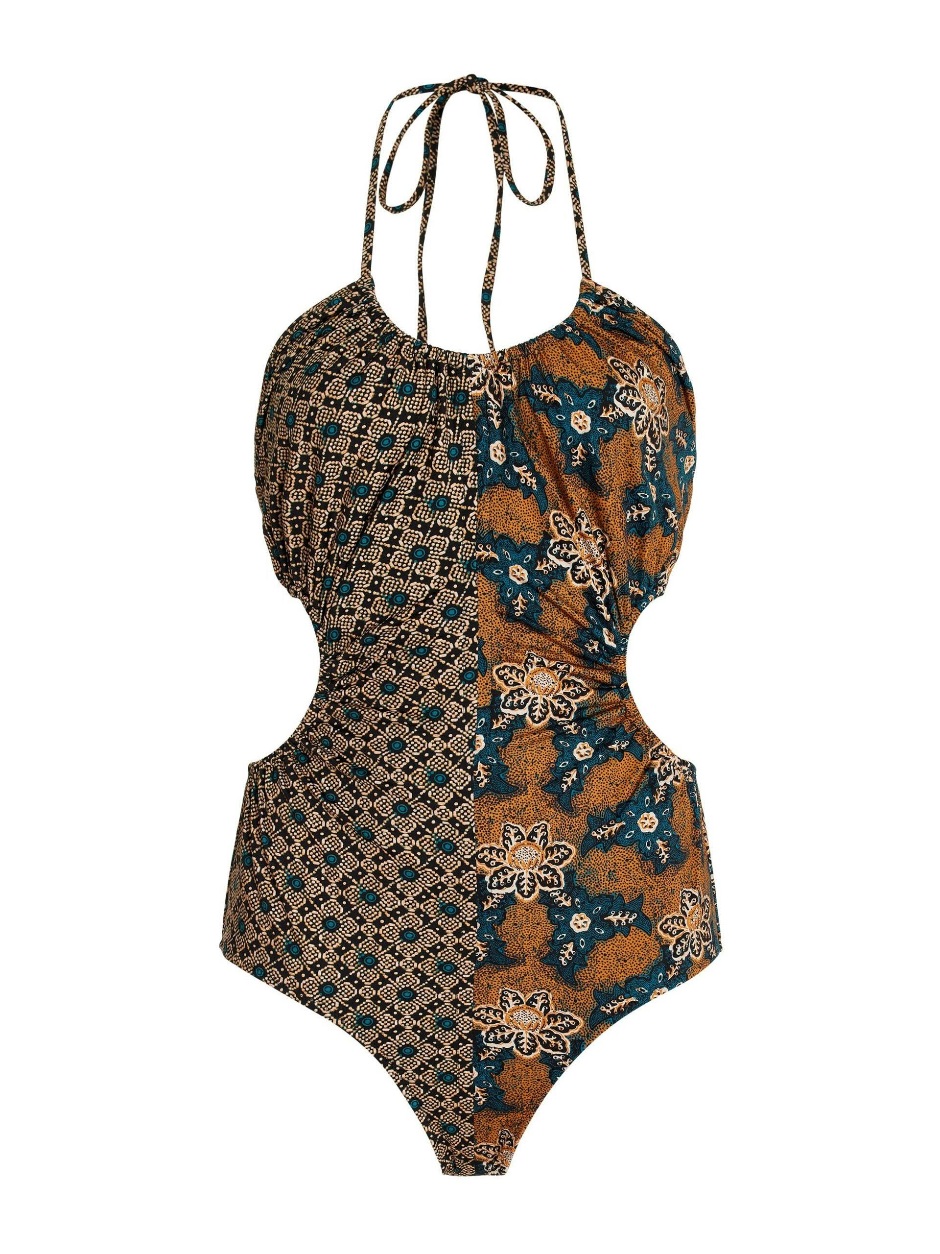Cutout printed halterneck swimsuit