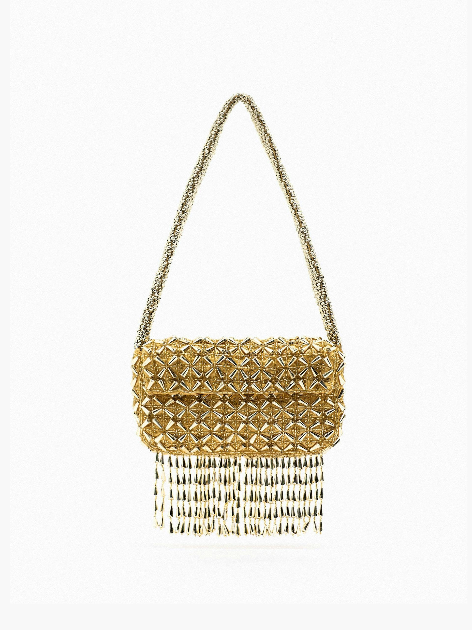 Gold beaded shoulder bag with fringing