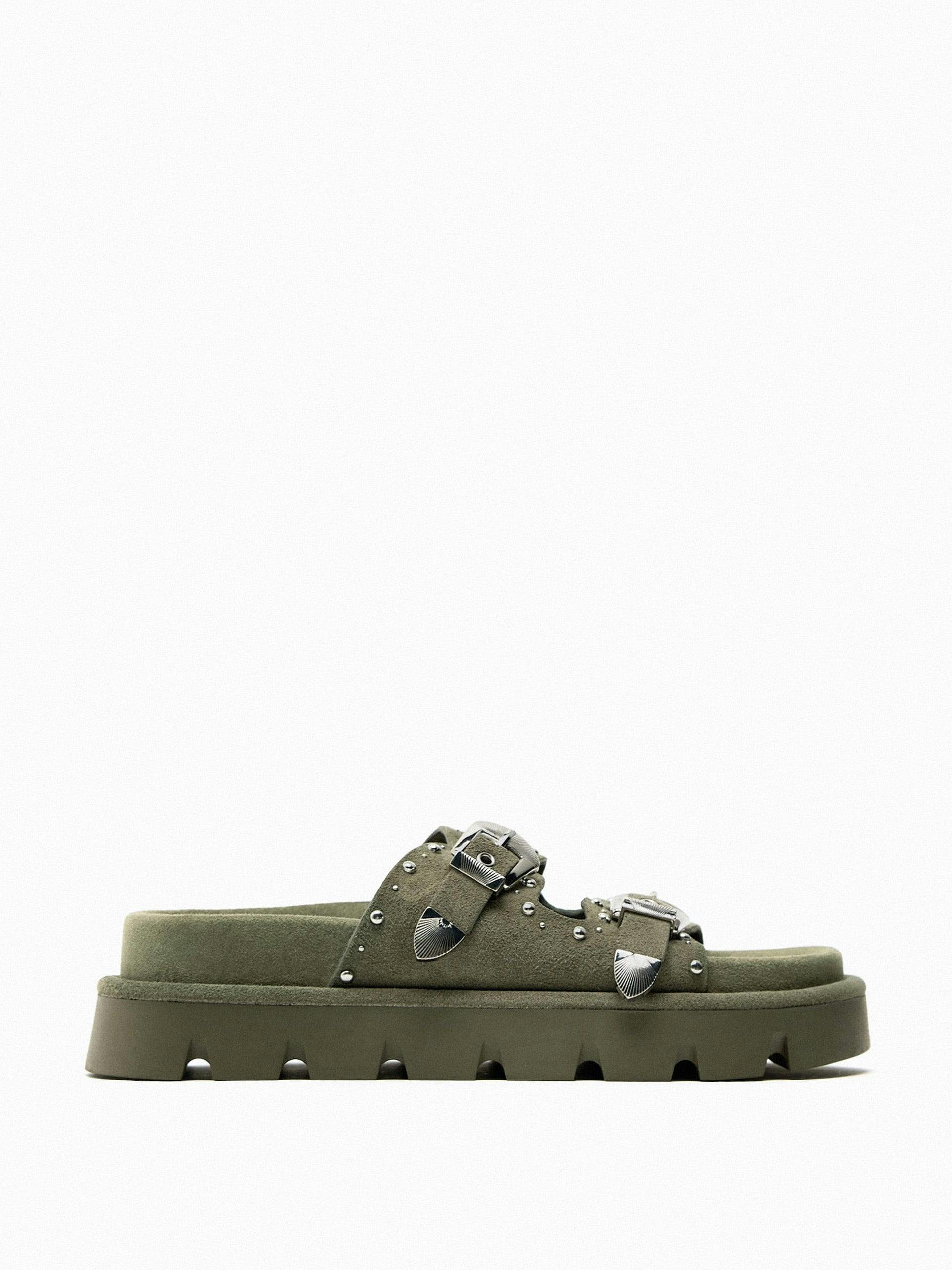 Khaki leather sandals with studs